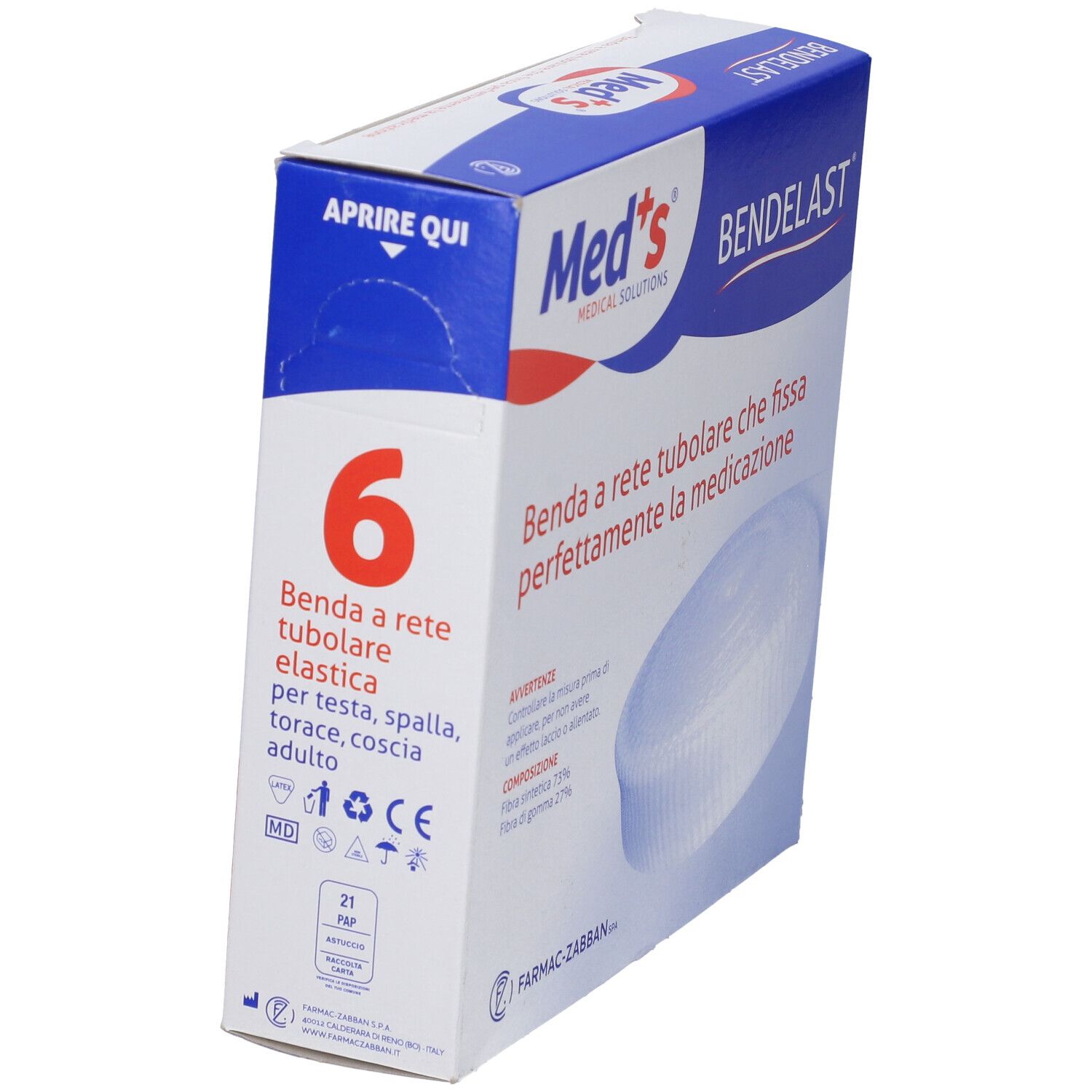 Confezione Bendelast, marchio Med's. Contiene 6 bende a rete tubulare. Per testa, spalla, torace, coscia.