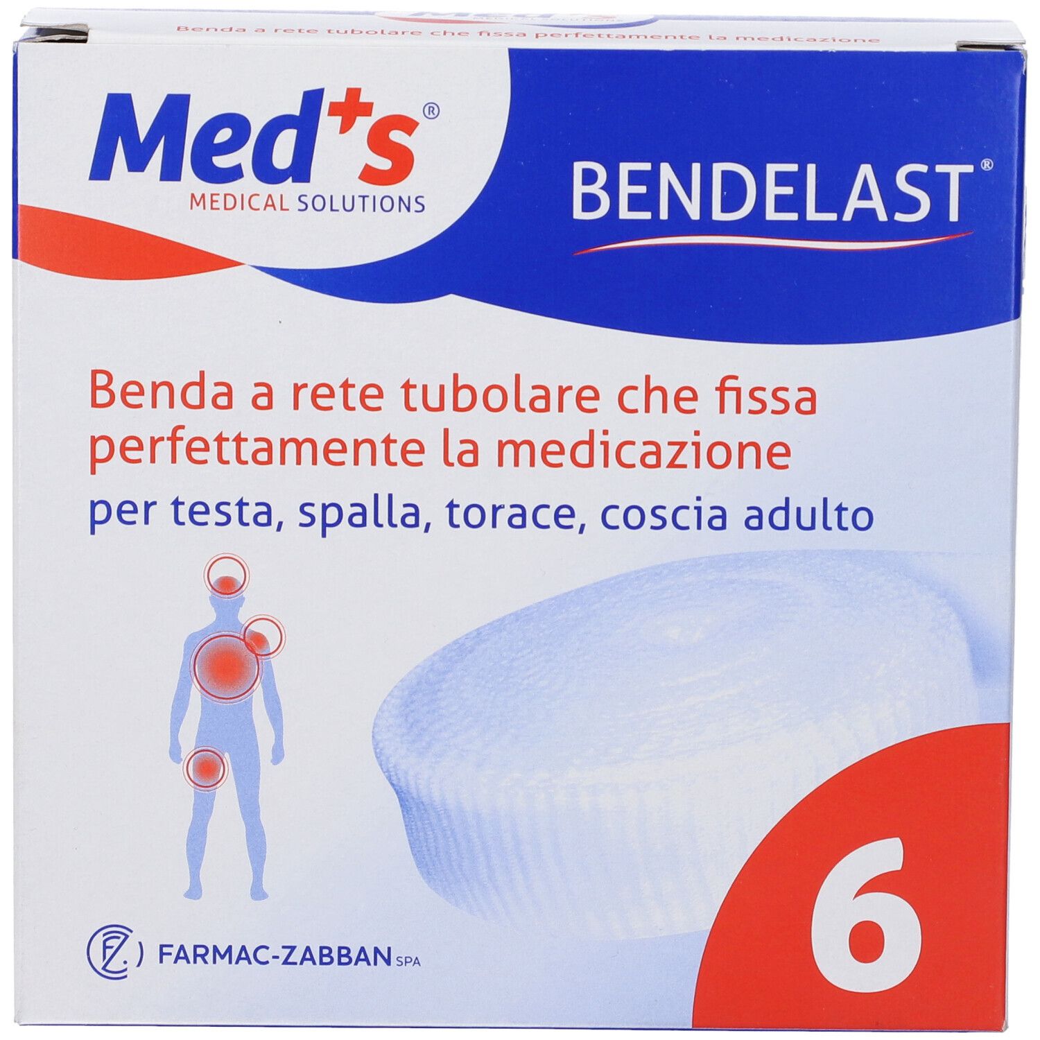 Confezione Bendelast, marchio Med's. Contiene 6 bende a rete tubulare. Per testa, spalla, torace, coscia.