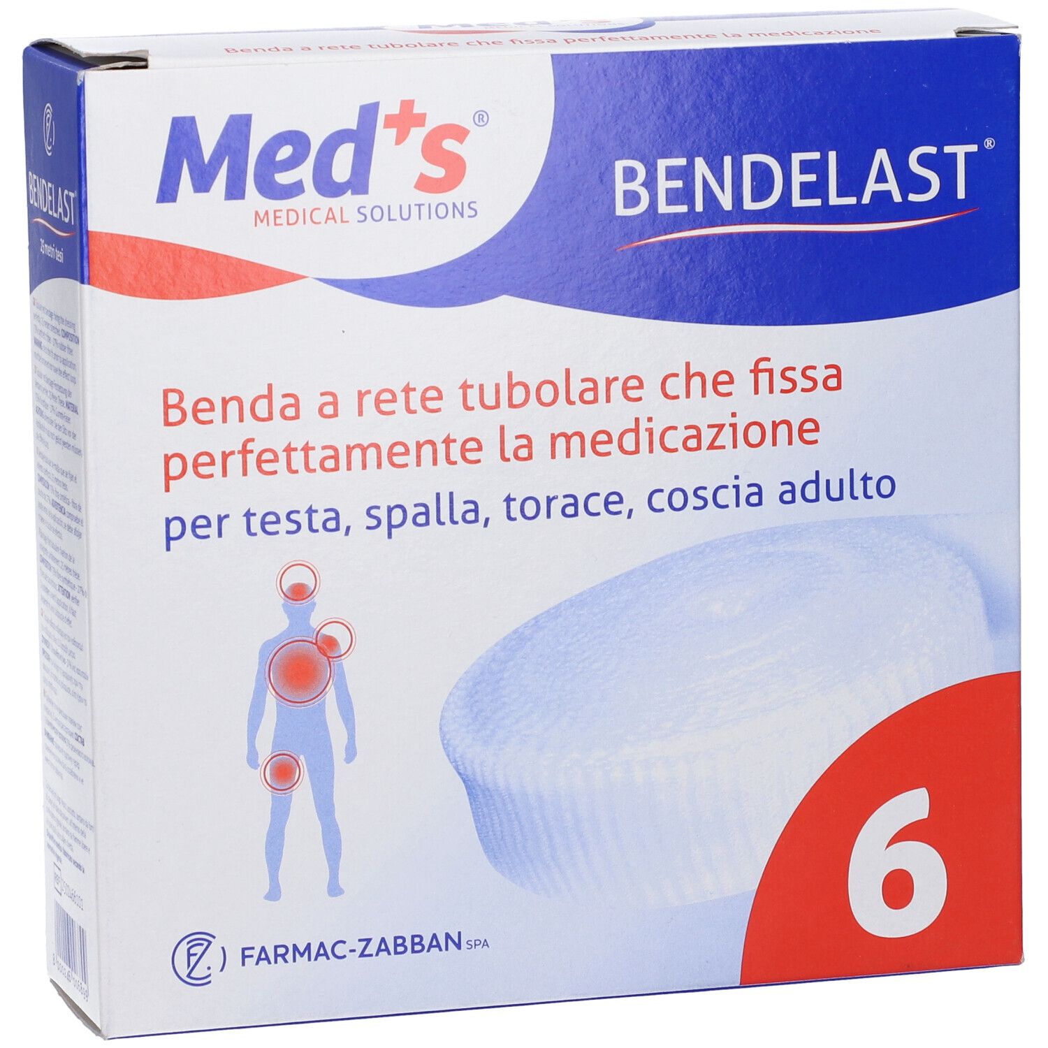 Confezione Bendelast, marchio Med's. Contiene 6 bende a rete tubulare. Per testa, spalla, torace, coscia.