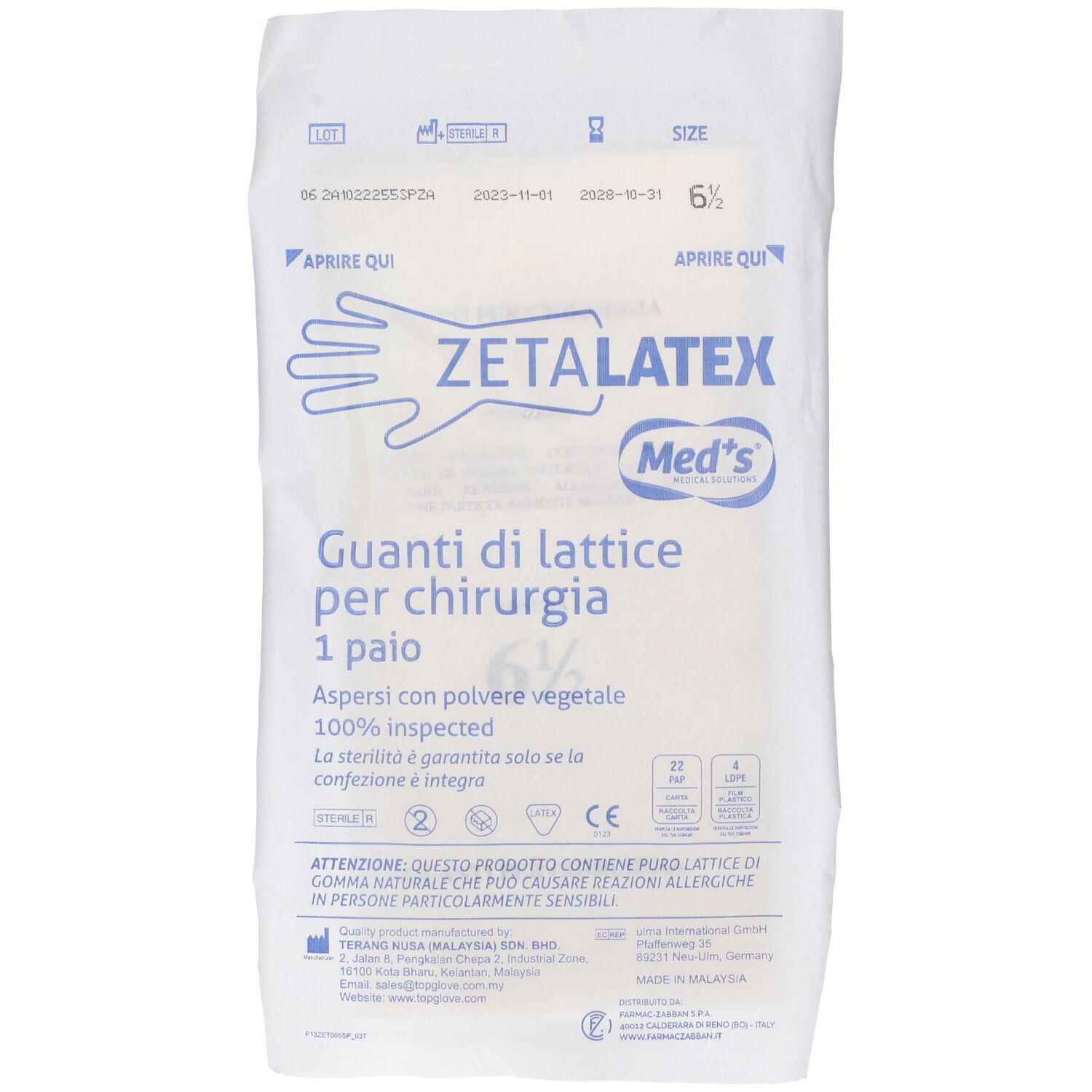 Confezione di guanti ZETALATEX. Testo: Guanti di lattice per chirurgia. Misura 6 1/2. Marchio CE.