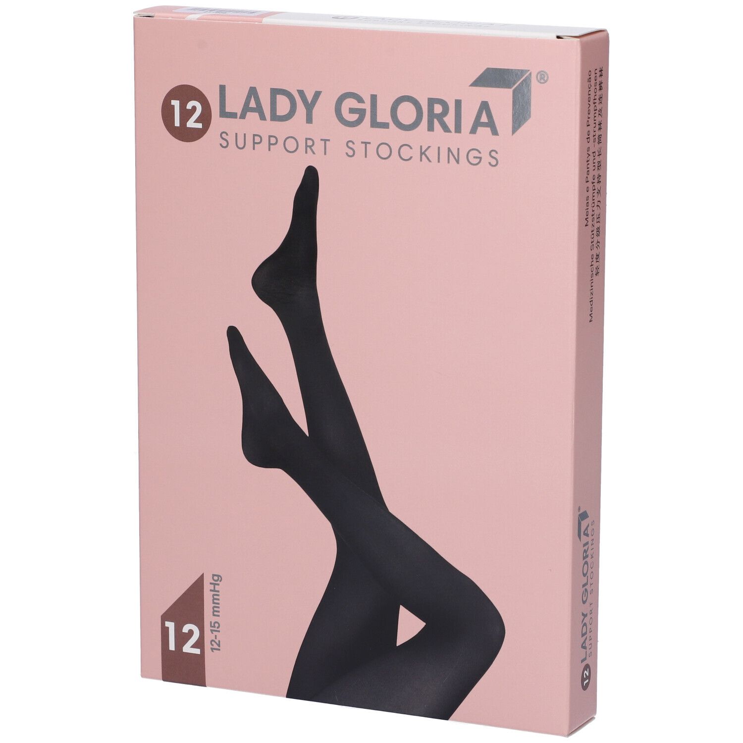 Confezione di calze Ladygloria. Rappresentazione di calze nere. Scritte: Ladygloria, 12, 12-15 mmHg.