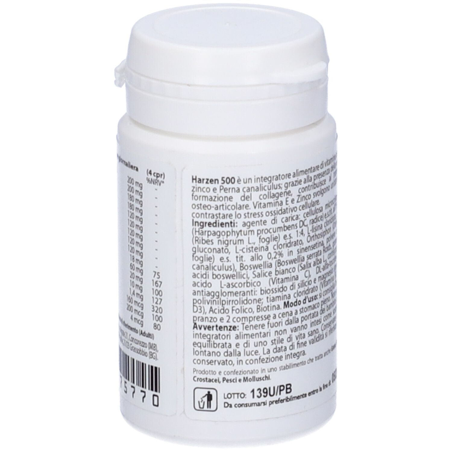 Flacone di compresse bianco con etichetta gialla. Informazioni testuali e ingredienti. Scritta: Harzen 500, Integratore alimentare.