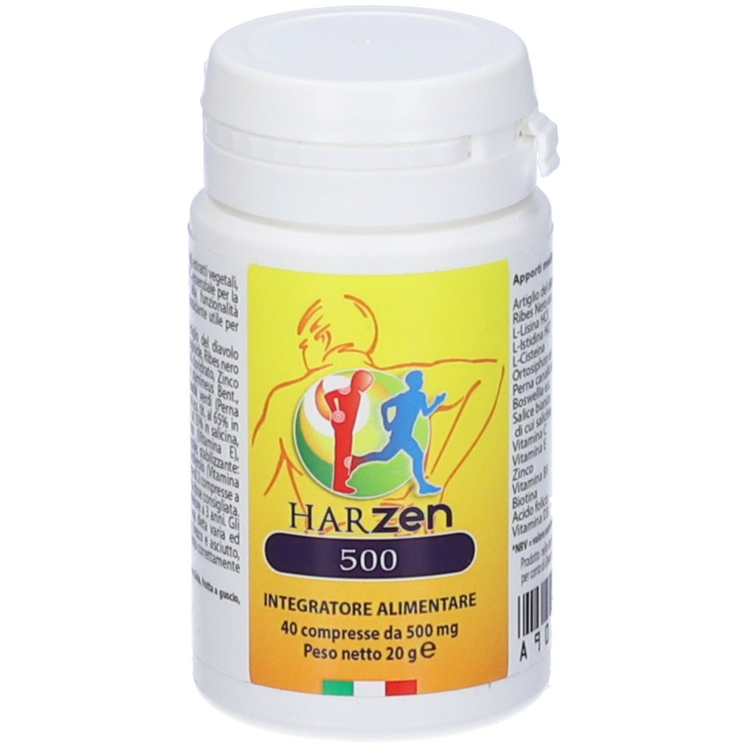 Flacone di compresse bianco con etichetta gialla. Scritta: Harzen 500, Integratore alimentare. Elenco ingredienti.