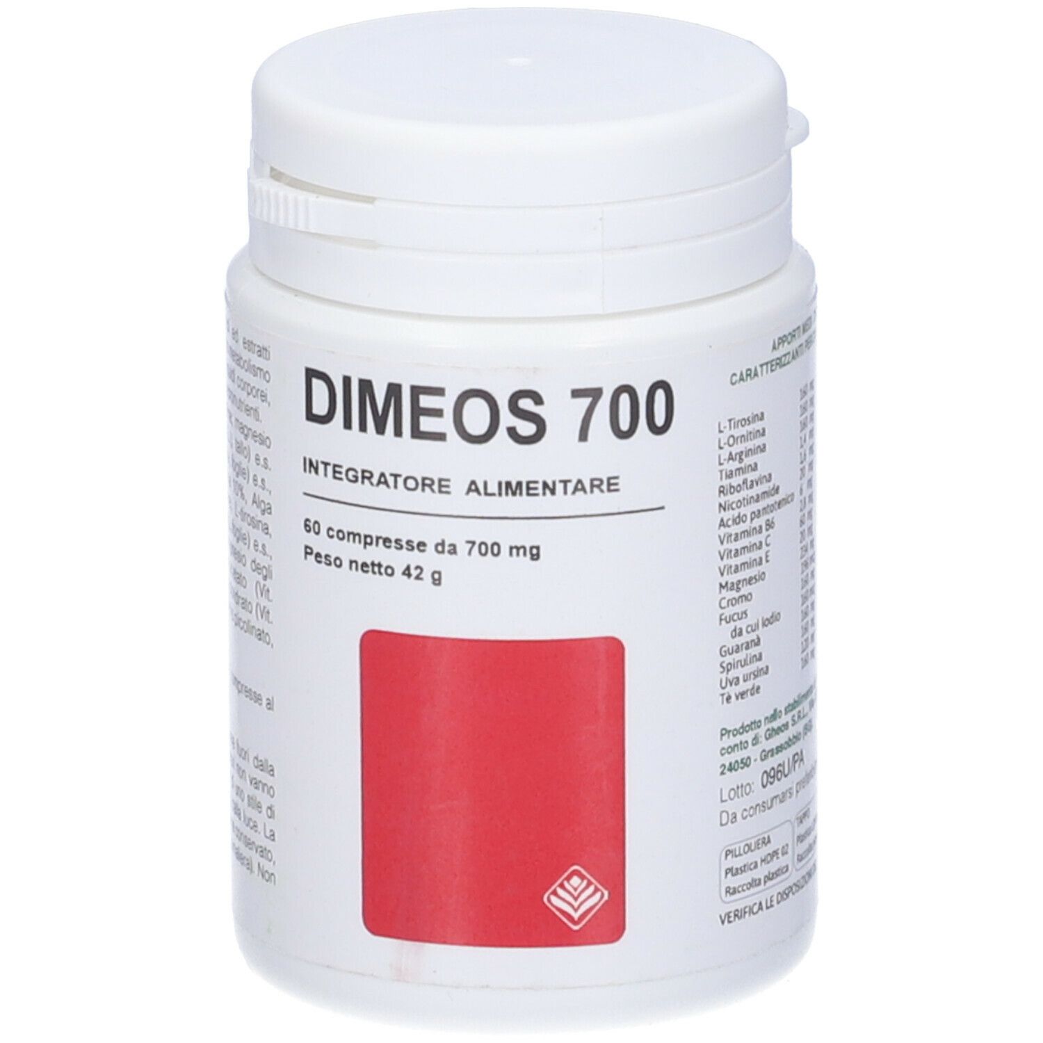 Flacone di compresse bianco con etichetta rossa. Scritta: Dimeos 700, Integratore Alimentare. Contiene 60 compresse. Ingredienti.