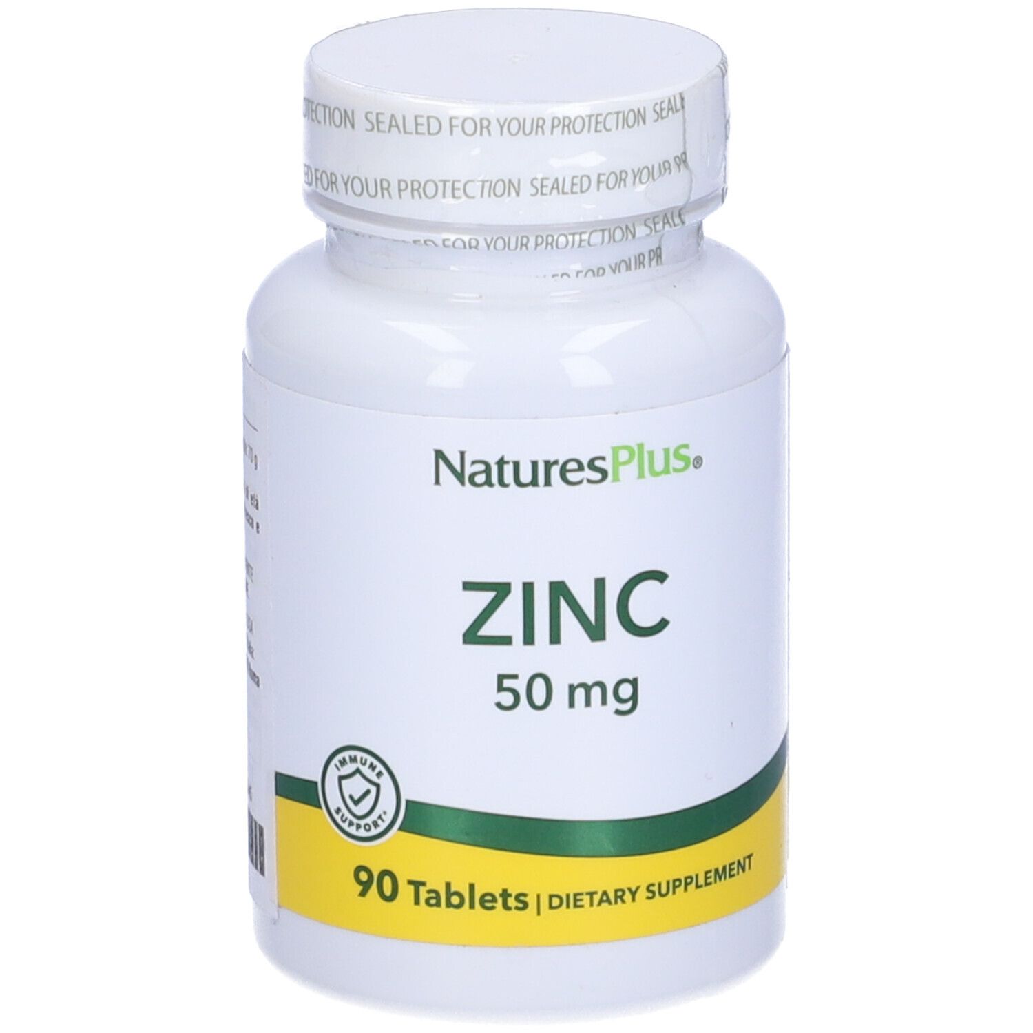 Flacone bianco con 'NaturesPlus' e 'ZINC 50 mg'. 90 compresse. Etichetta verde-gialla.