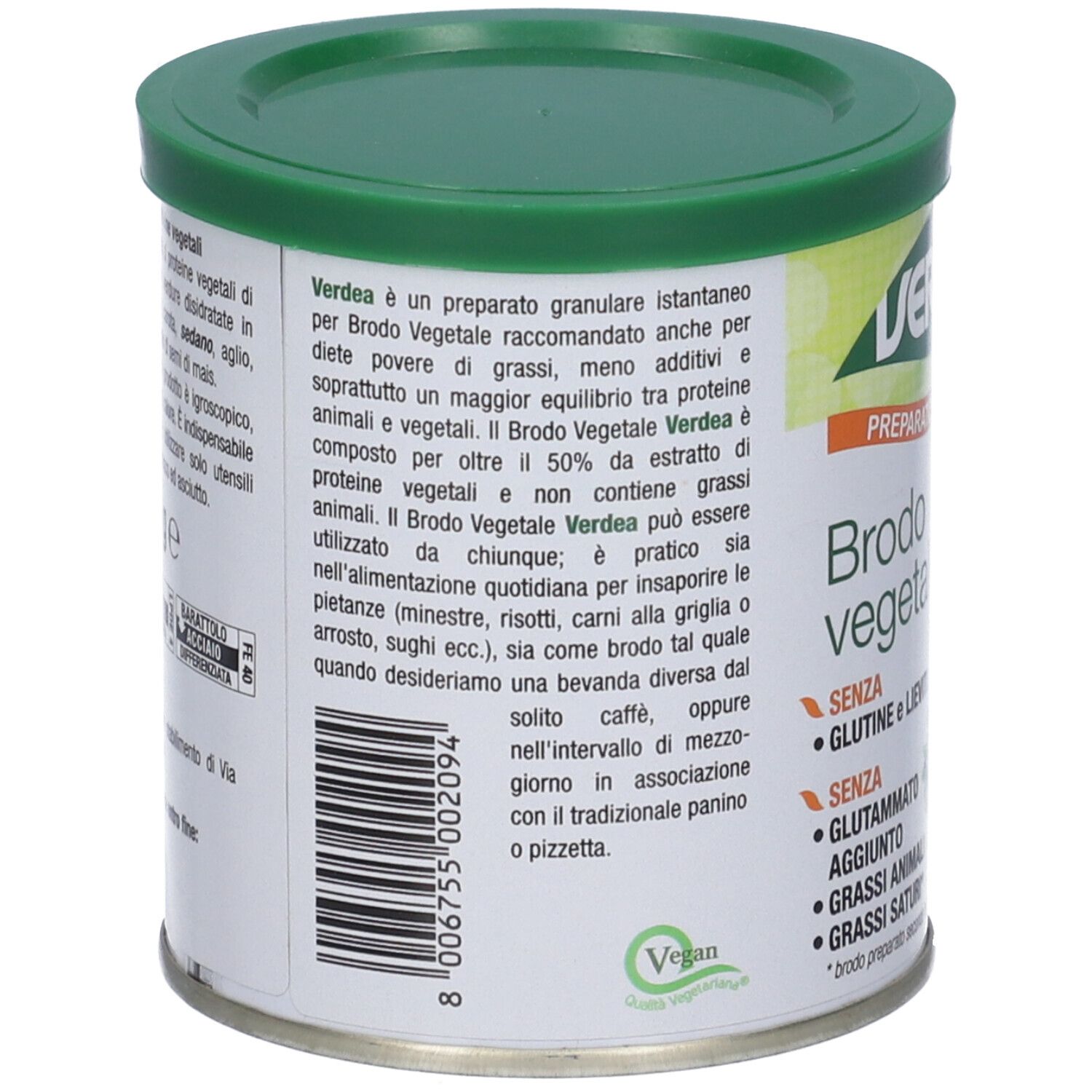 Barattolo Verdea Brodo Vegetale, coperchio verde. Testo: Vegan, ingredienti, 200g, codice a barre. Testo sul retro.