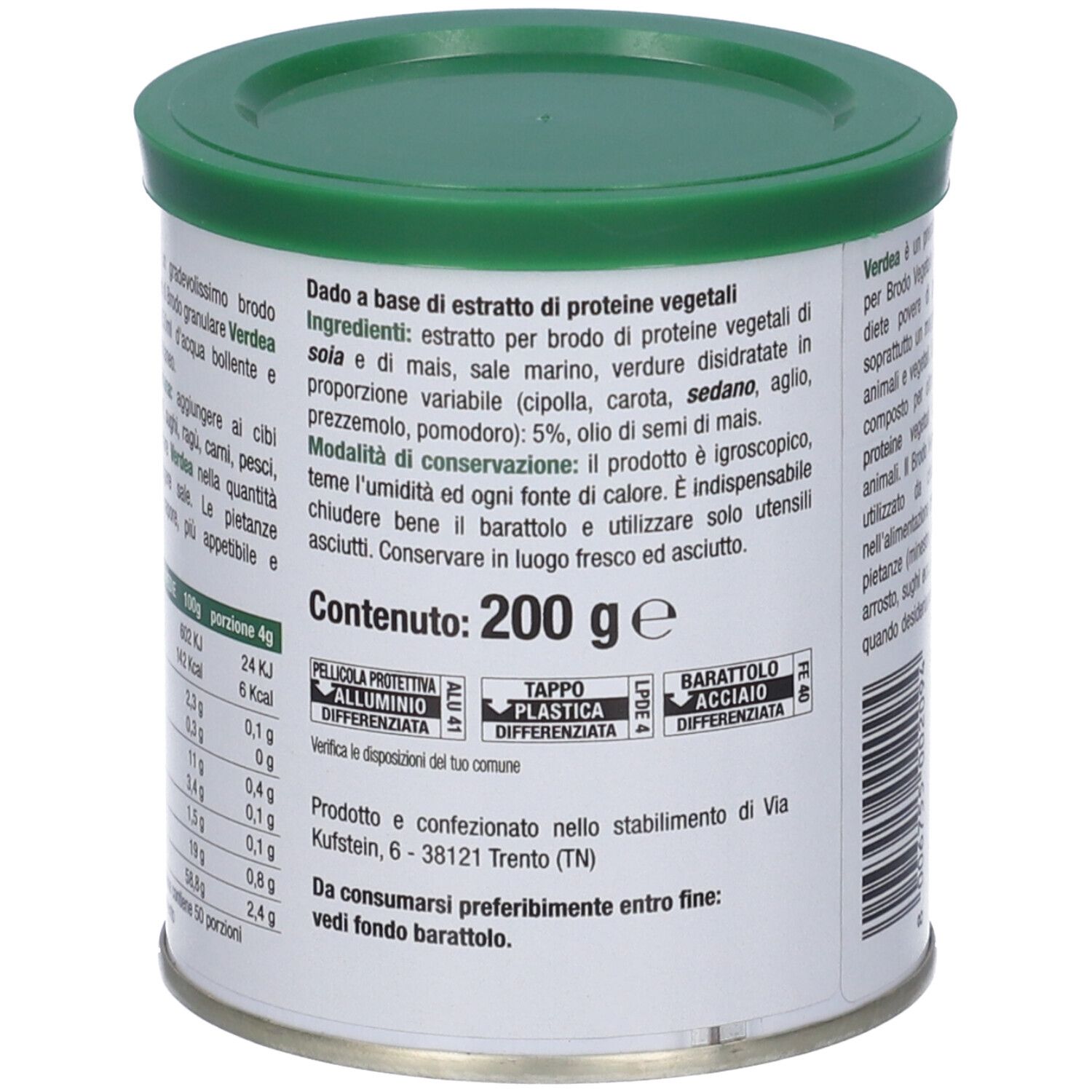 Barattolo Verdea Brodo Vegetale, coperchio verde. Testo: Vegan, ingredienti, 200g, codice a barre. Testo sul retro.