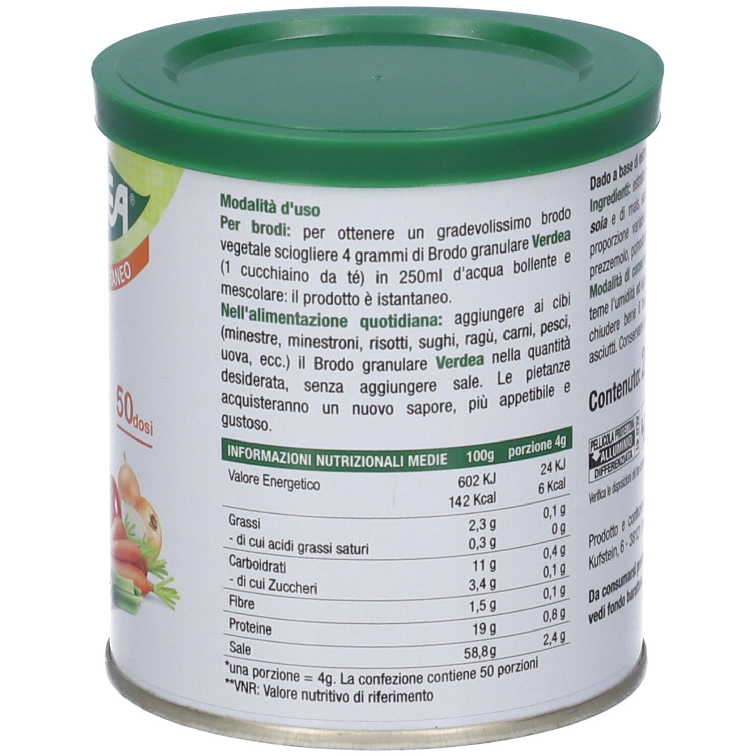 Barattolo verde Verdea Brodo Vegetale. Scritta: Senza glutine e lieviti, senza glutammato, senza grassi animali. 50 dosi.
