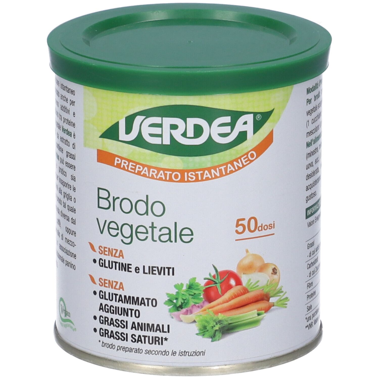 Barattolo verde Verdea Brodo Vegetale. Scritta: Senza glutine e lieviti, senza glutammato, senza grassi animali.