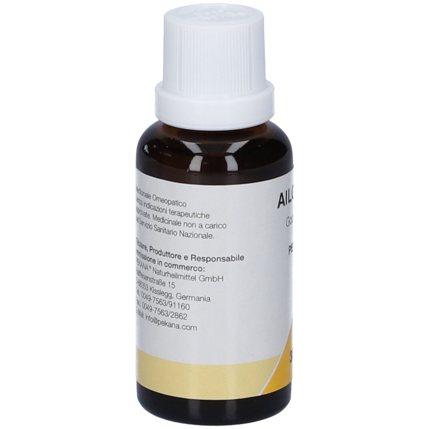 Vista posteriore del flacone in vetro marrone, tappo bianco. Etichetta con testo. Accento giallo.