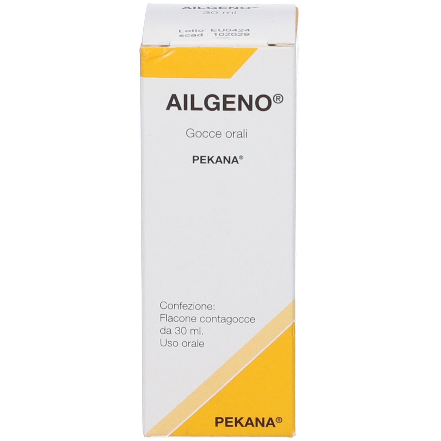 Scatola bianca con nome del prodotto e accento giallo. Testo e logo.