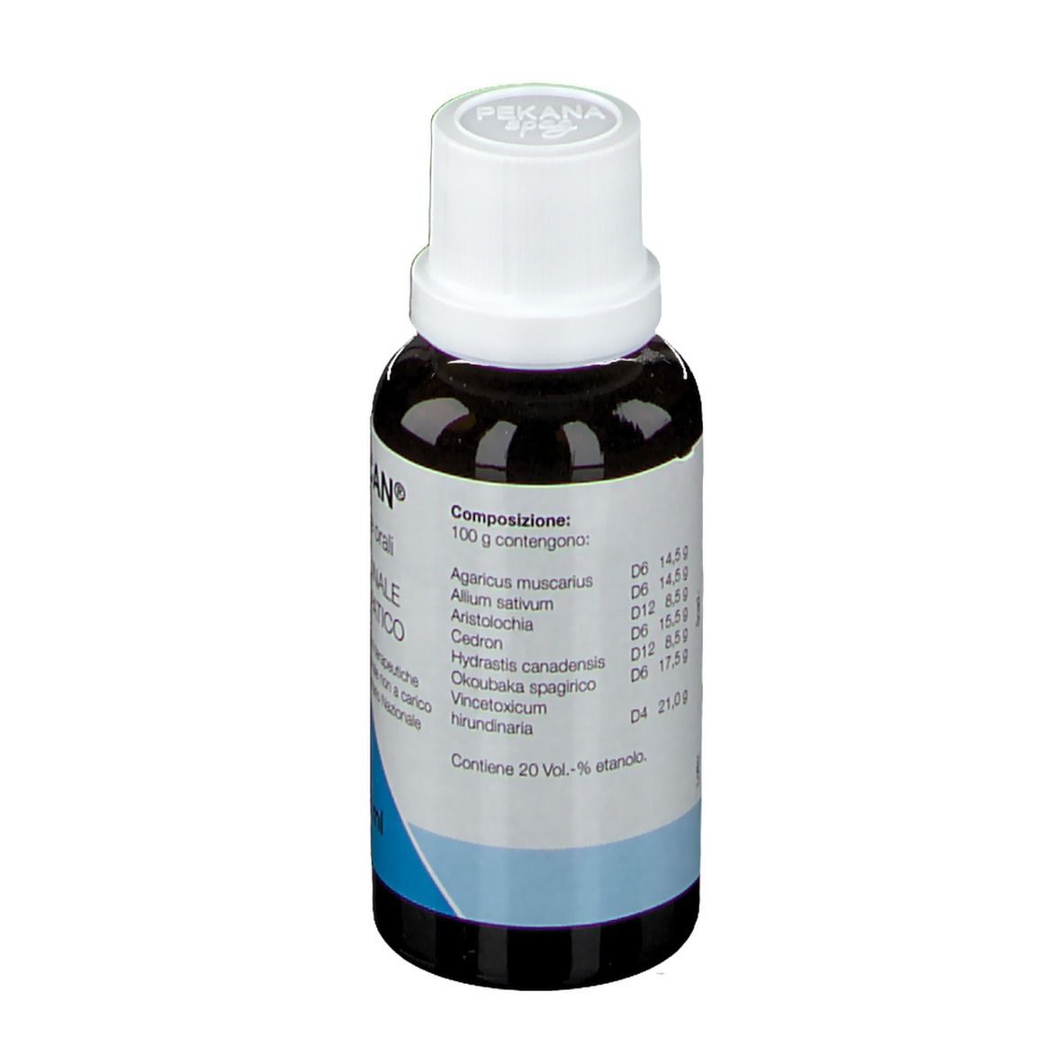 Retro di un flacone di vetro marrone con tappo bianco. Scritta: MUCAN®. Ingredienti e composizione.