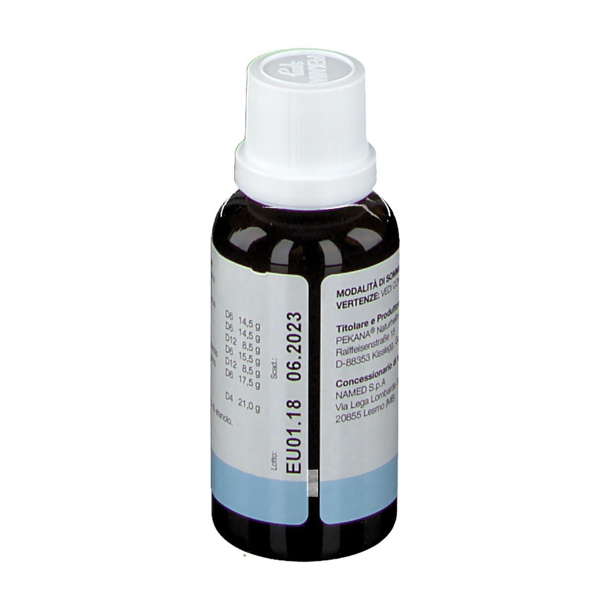 Retro di un flacone di vetro marrone con tappo bianco. Scritta: MUCAN®. Numero di lotto e scadenza.