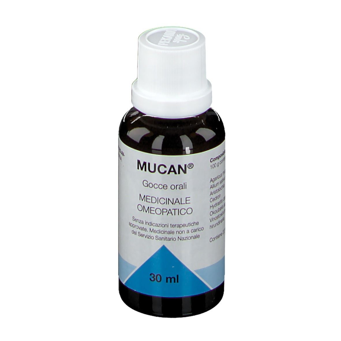 Flacone di vetro marrone con tappo bianco. Scritta: MUCAN® Gocce orali, 30 ml. Medicinali.