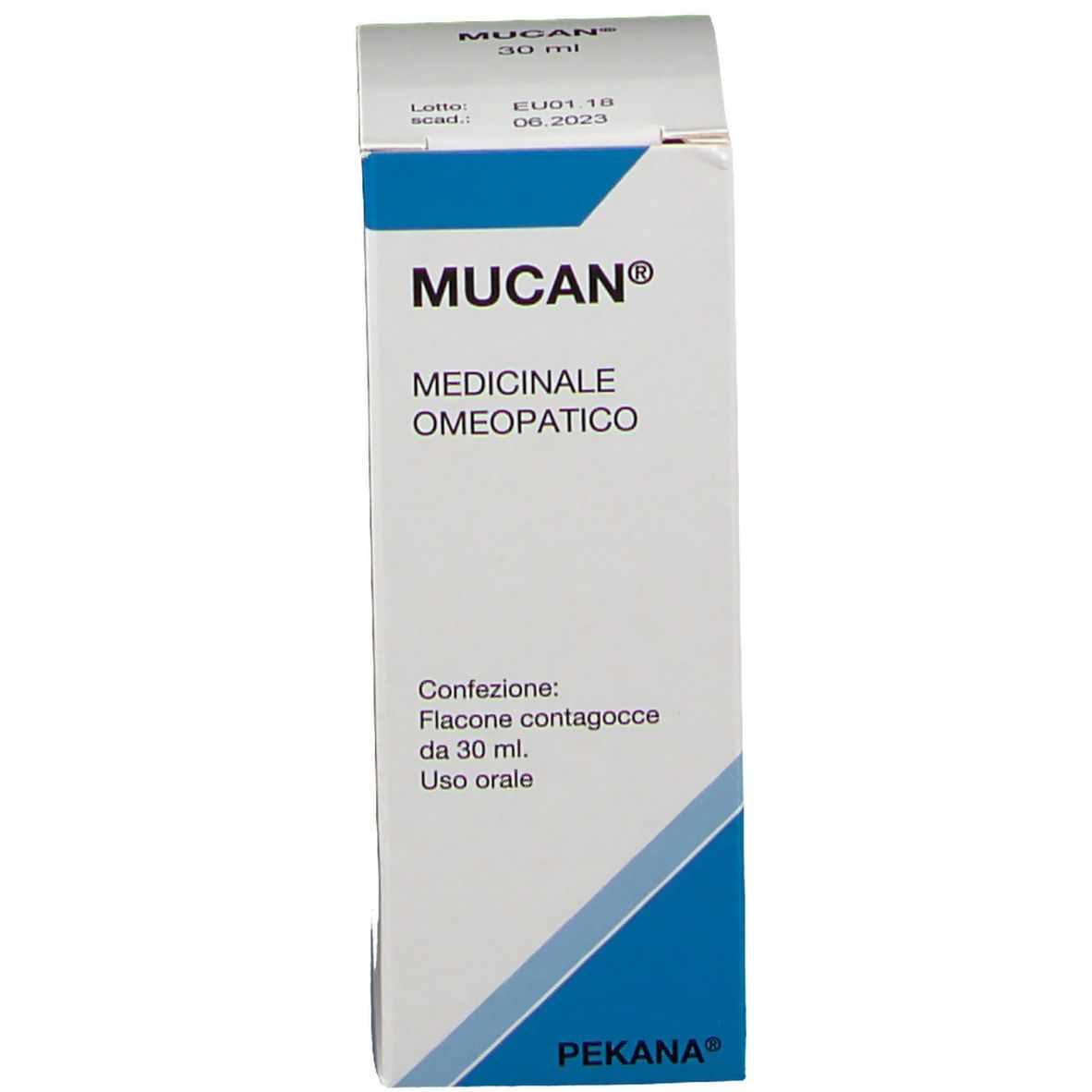 Confezione del prodotto. Scritta: MUCAN® Medicinali, 30 ml. Flacone contagocce.