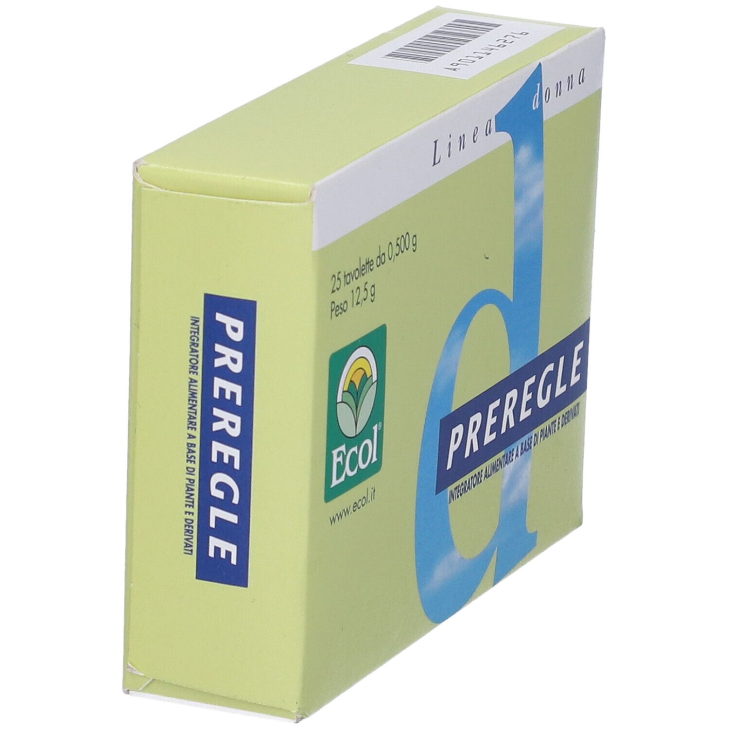 Scatola verde chiaro con nome prodotto PREREGLE. Vista laterale. Logo Ecol.