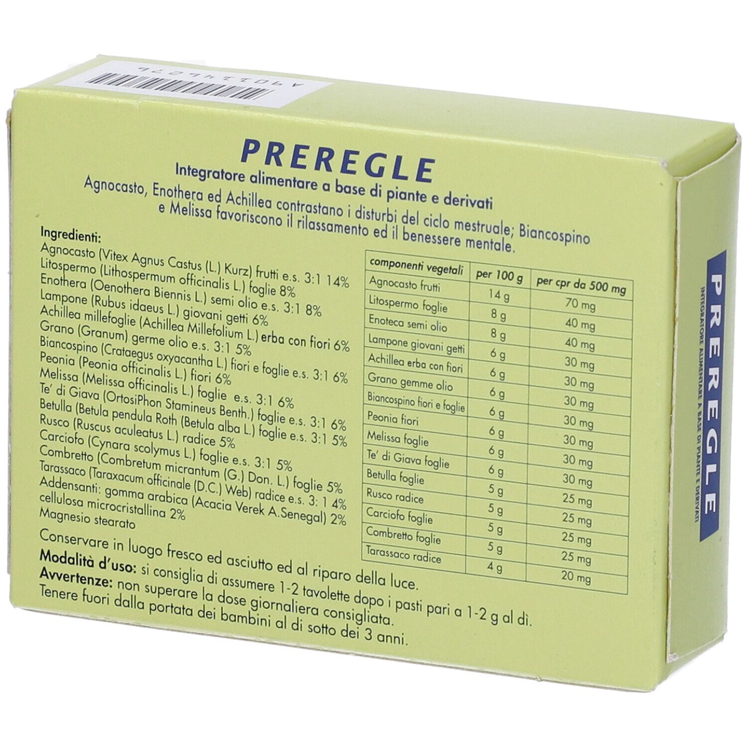 Retro della scatola verde chiaro con informazioni e ingredienti. Testo in italiano.