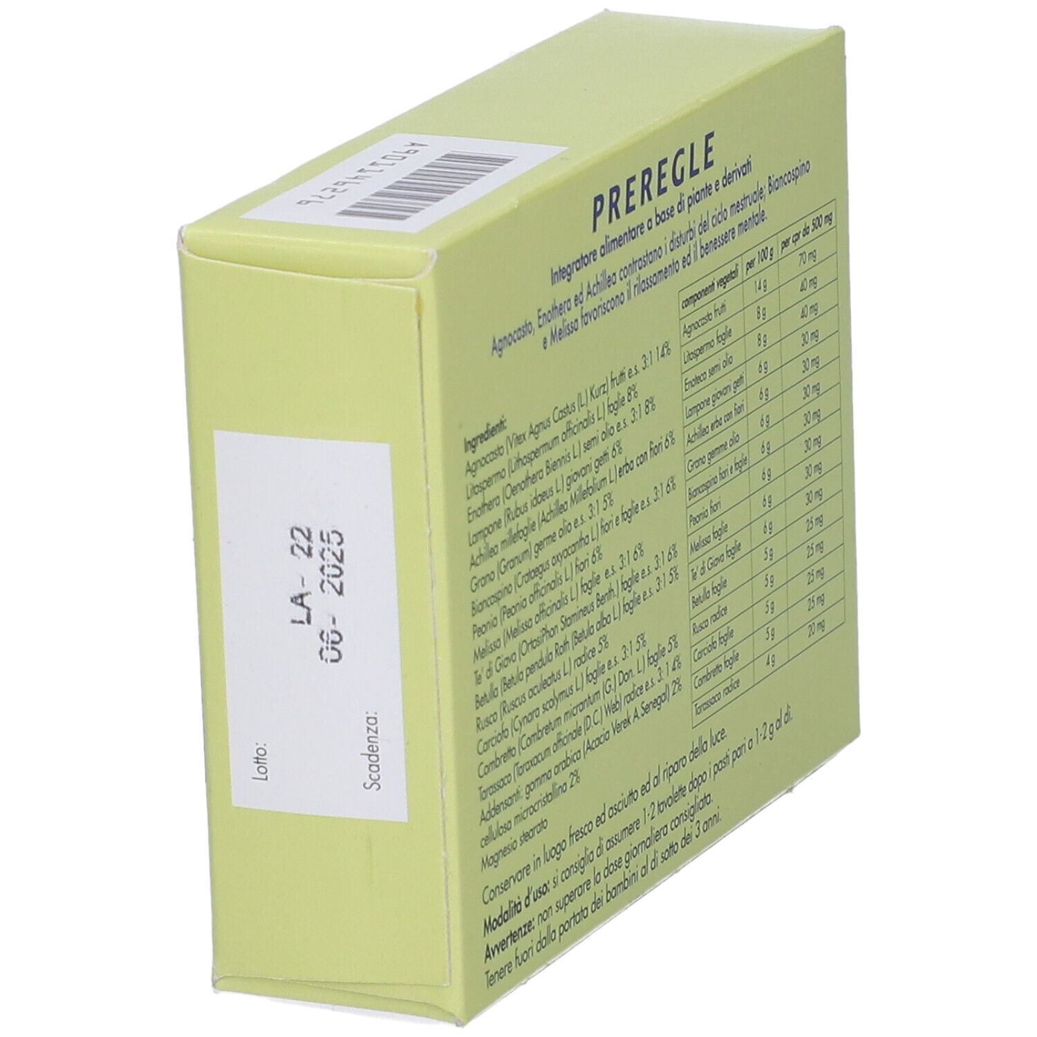 Scatola verde chiaro con informazioni. Testo in italiano. Data di scadenza.