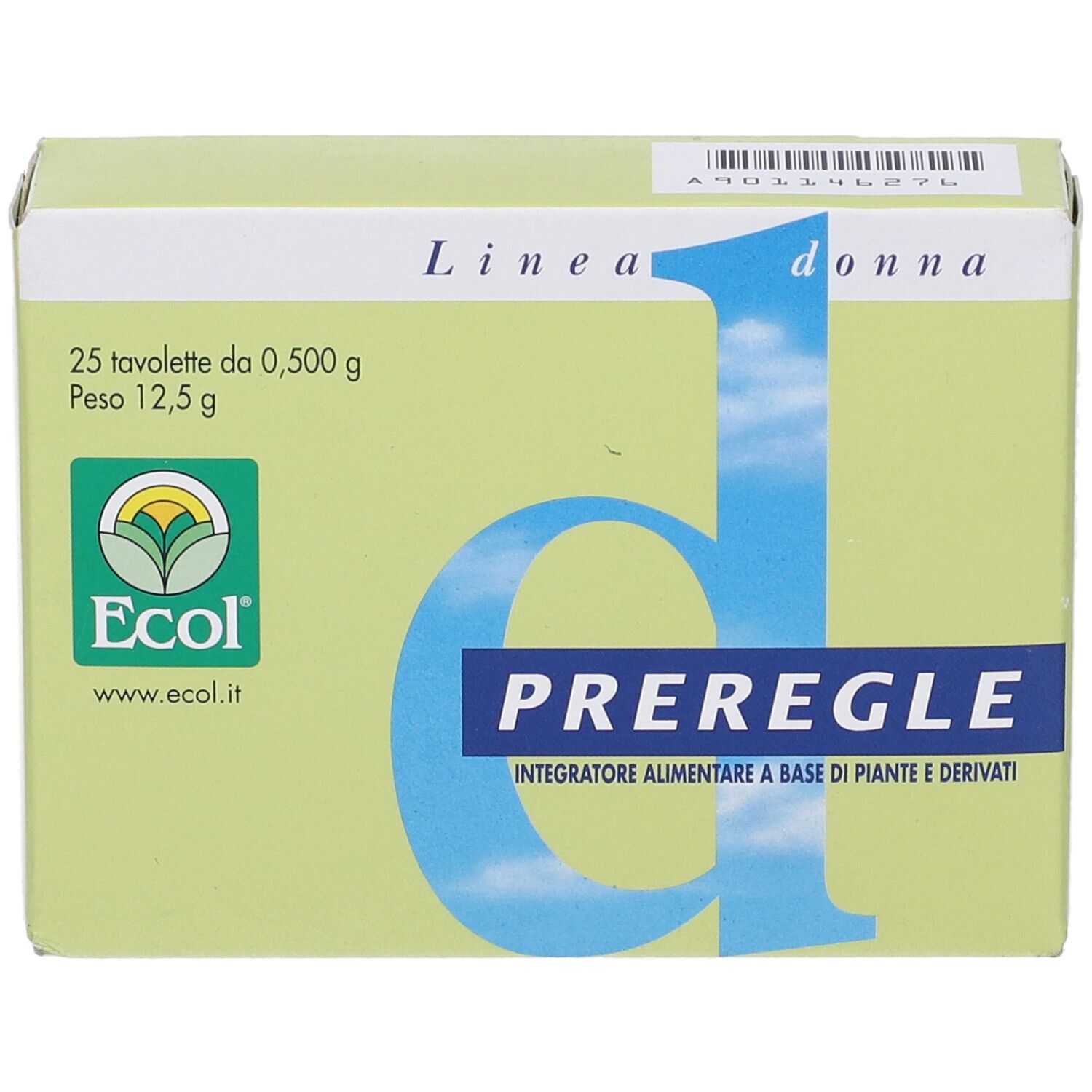 Scatola verde chiaro con nome prodotto PREREGLE. Contiene 25 compresse. Logo Ecol.