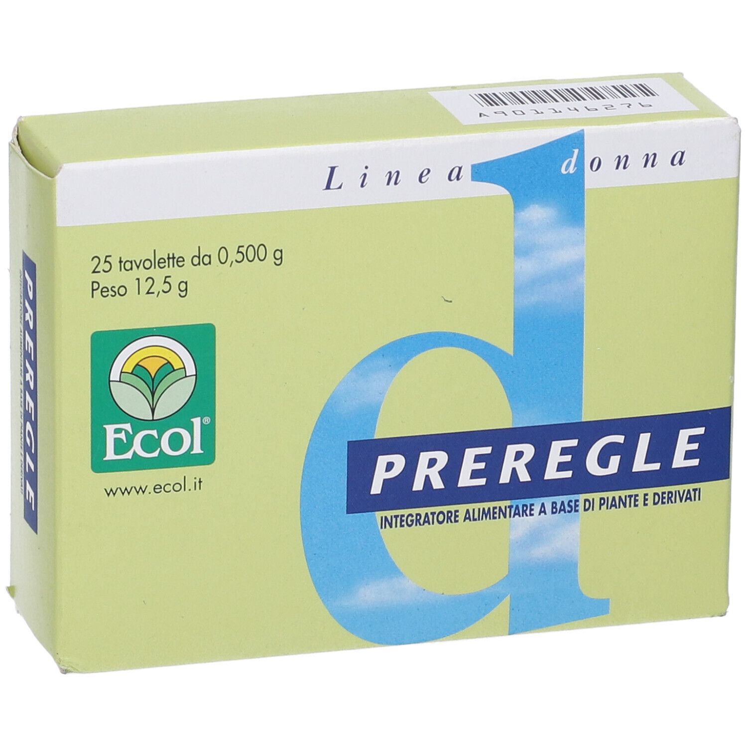 Scatola verde chiaro con nome prodotto PREREGLE. Contiene 25 compresse. Logo Ecol.