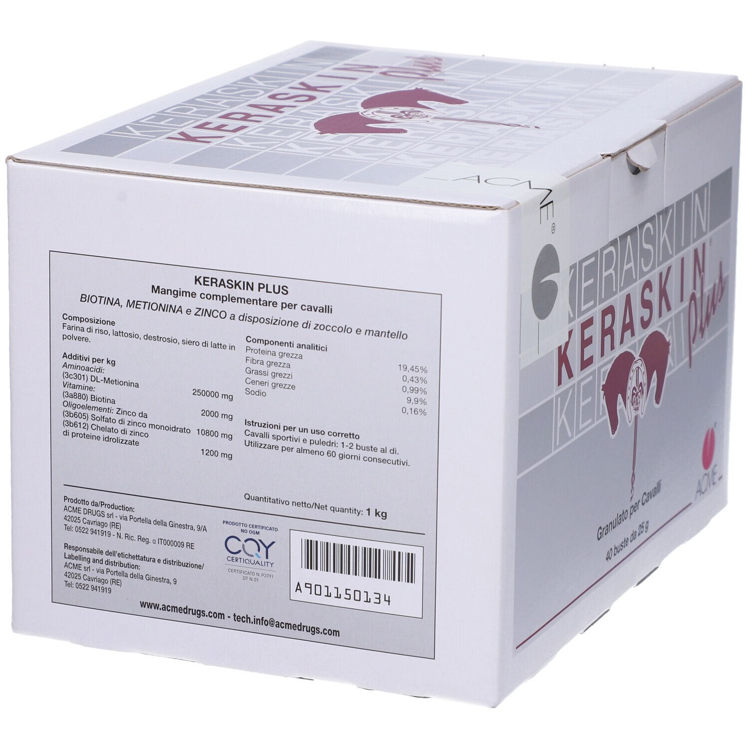 Scatola Keraskin Plus. Retro con ingredienti, analisi e informazioni produttore. Peso netto 1 kg.