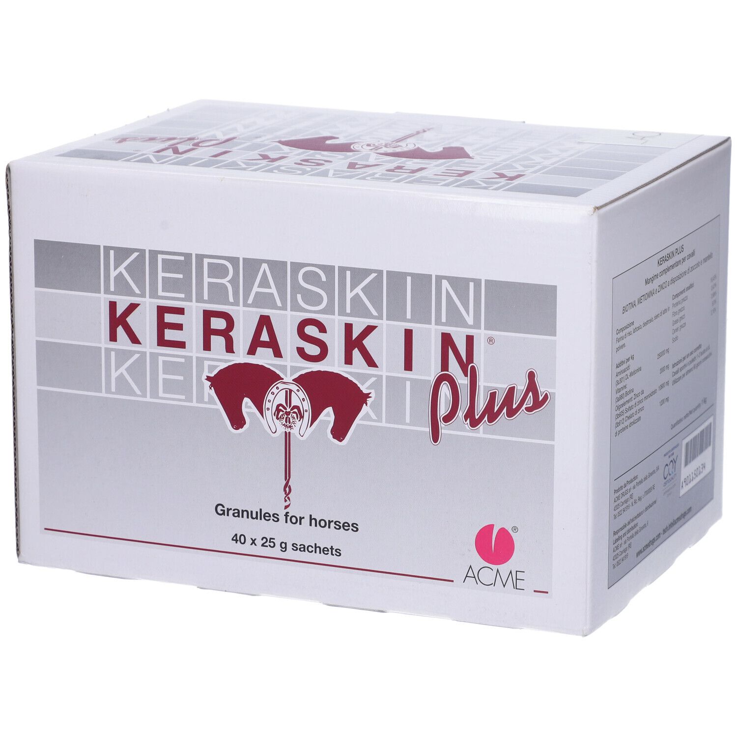 Scatola Keraskin Plus Granulato, 40 buste. Nome e logo visibili. Per cavalli.