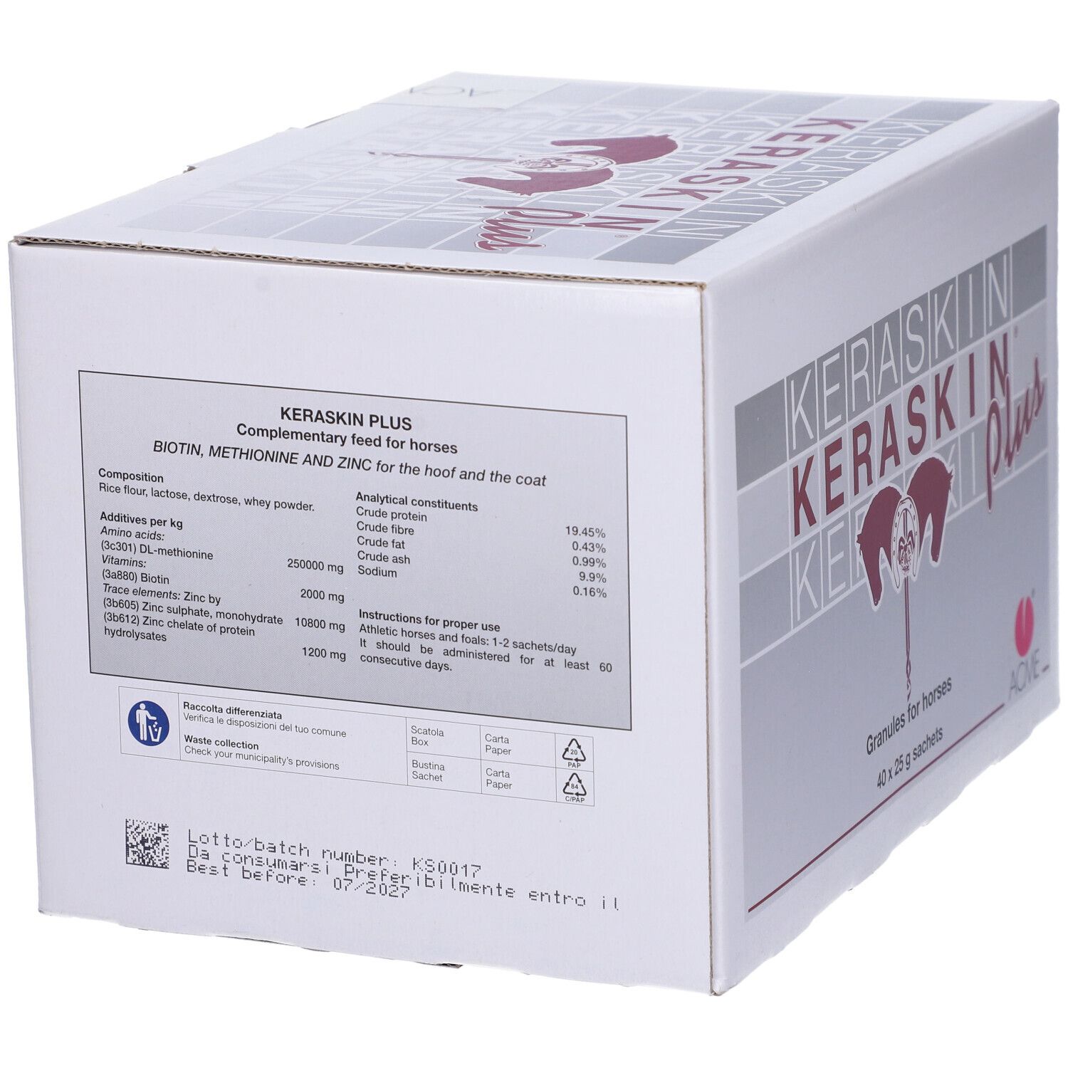 Scatola Keraskin Plus. Retro con ingredienti, analisi e istruzioni. Scadenza 07/2027.
