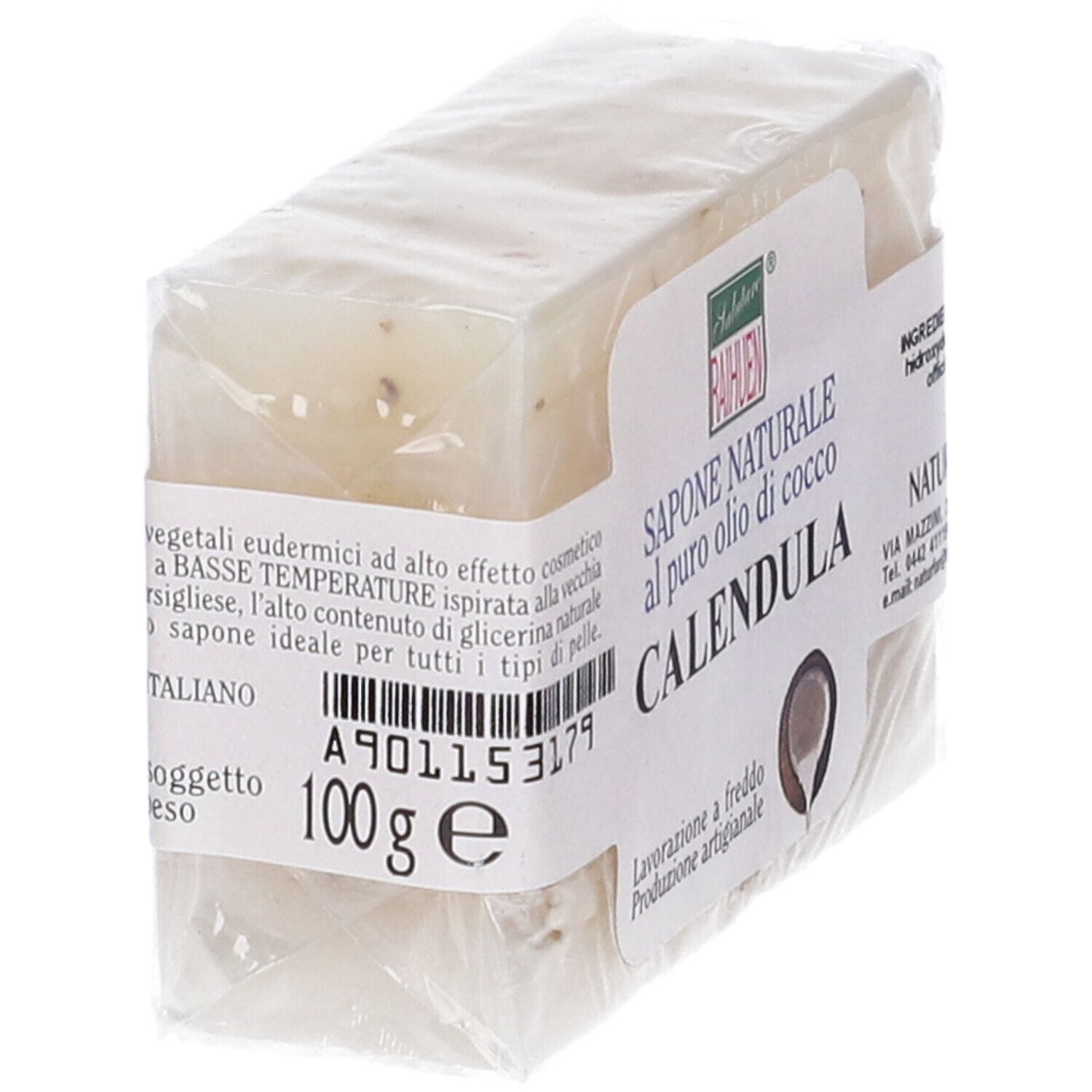 Sapone confezionato. Scritta: Sapone Naturale al puro olio di cocco Calendula. Peso: 100g. Marchio: Raihuen.
