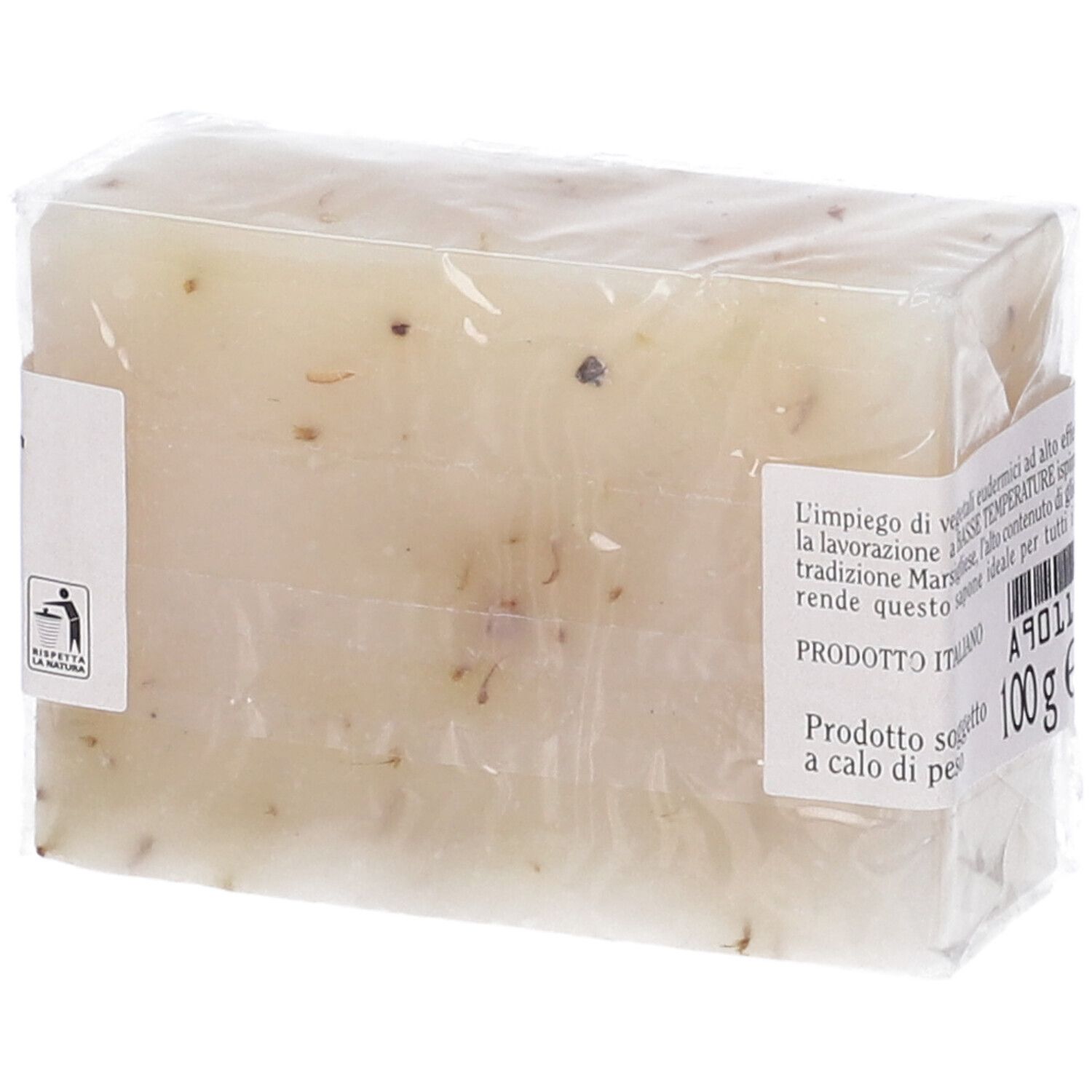 Sapone confezionato. Scritta: 100g. Denominazione prodotto parzialmente leggibile. Confezione con informazioni.