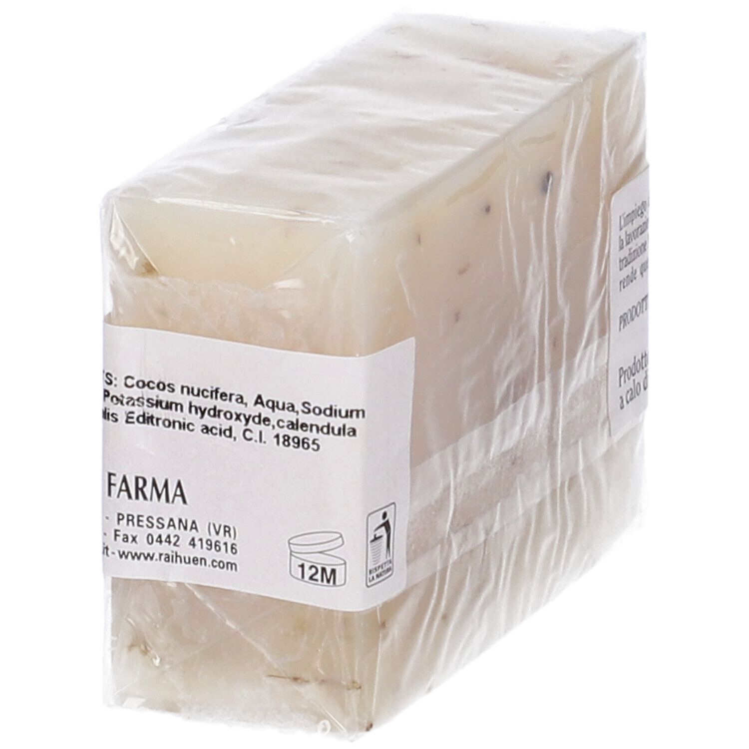 Sapone confezionato. Scritta: Ingredienti, simbolo 12M. Marchio: Farma. Denominazione prodotto parzialmente leggibile.