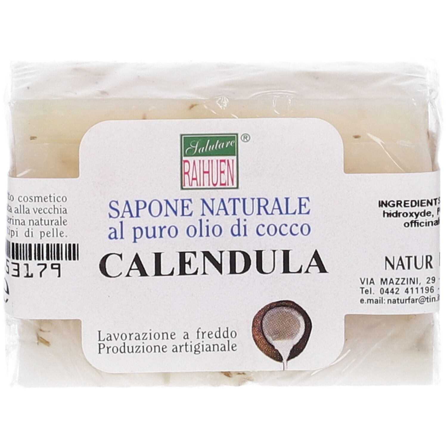 Sapone confezionato. Scritta: Sapone Naturale al puro olio di cocco Calendula. Marchio: Raihuen.