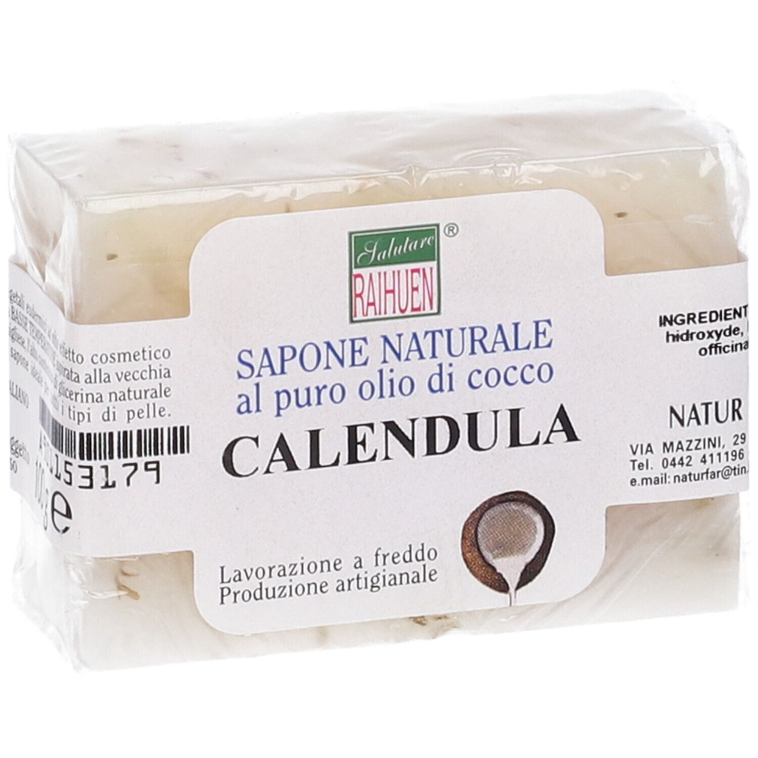 Sapone confezionato. Scritta: Sapone Naturale al puro olio di cocco Calendula. Marchio: Raihuen.
