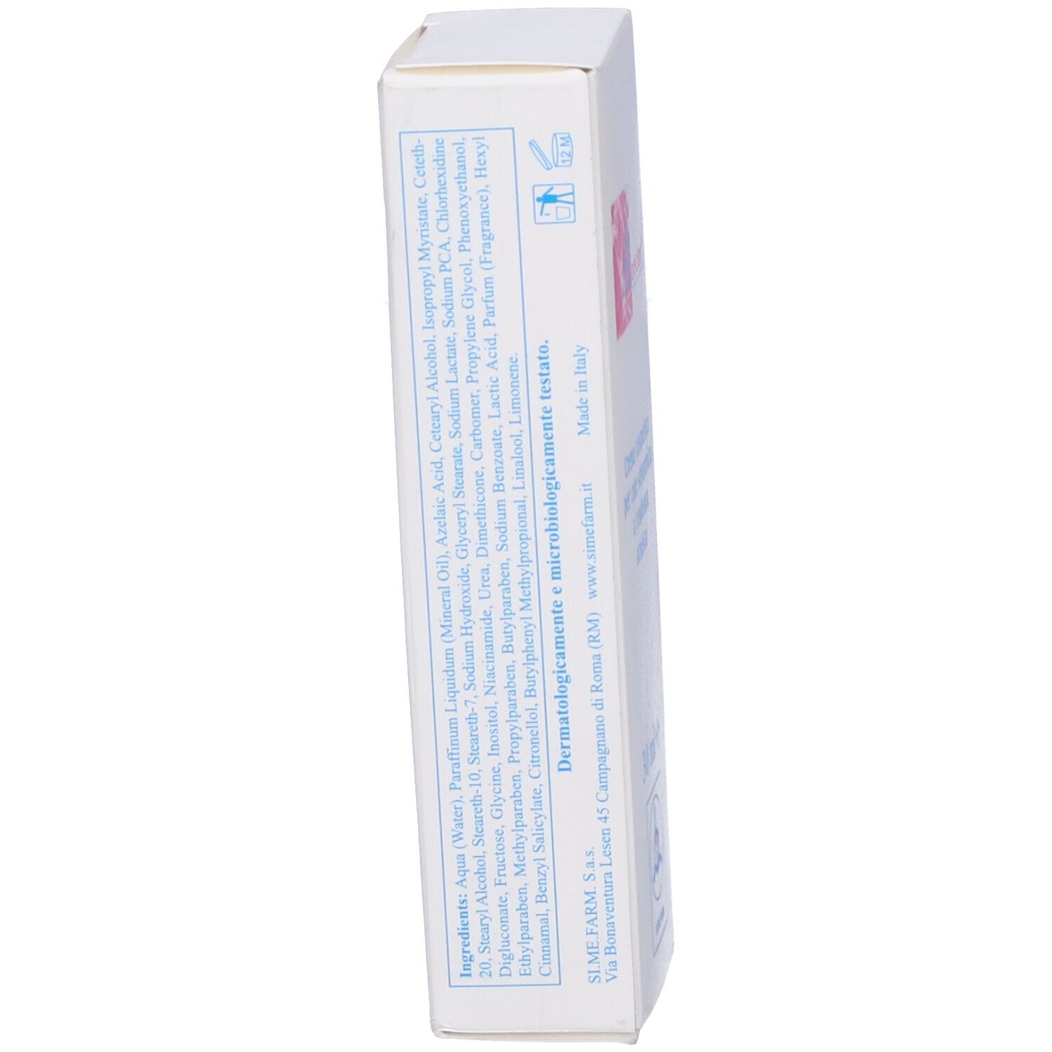 Retro della scatola bianca. Testo: Ingredienti, prodotto in Italia.