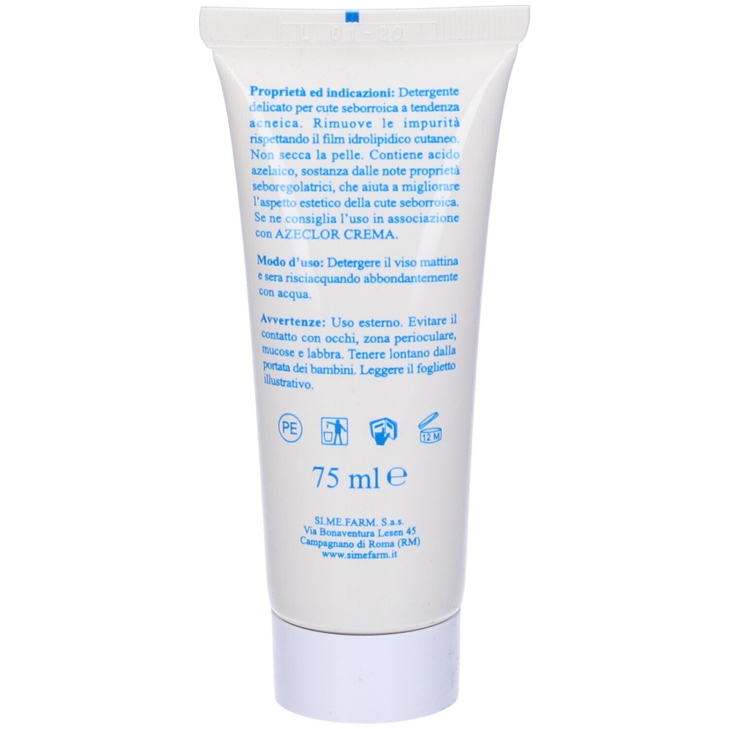 Retro del tubo. Testo in italiano con informazioni e istruzioni per l'uso del prodotto.