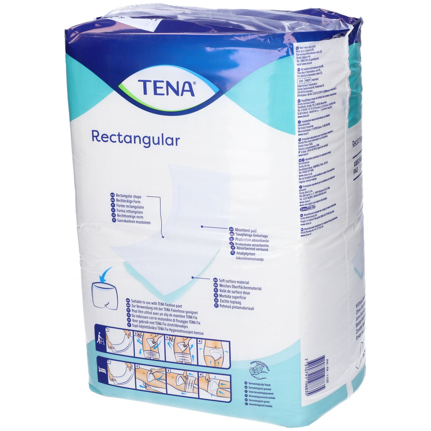 Confezione TENA Rectangular, assorbenti rettangolari. Retro con informazioni e istruzioni. Contiene 30 pezzi.