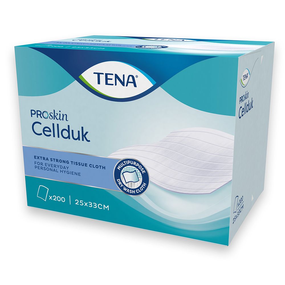 Scatola TENA Proskin Cellduk. Salviette extra resistenti per l'igiene quotidiana. 200 salviette, 25x33cm. Salviette multiuso.