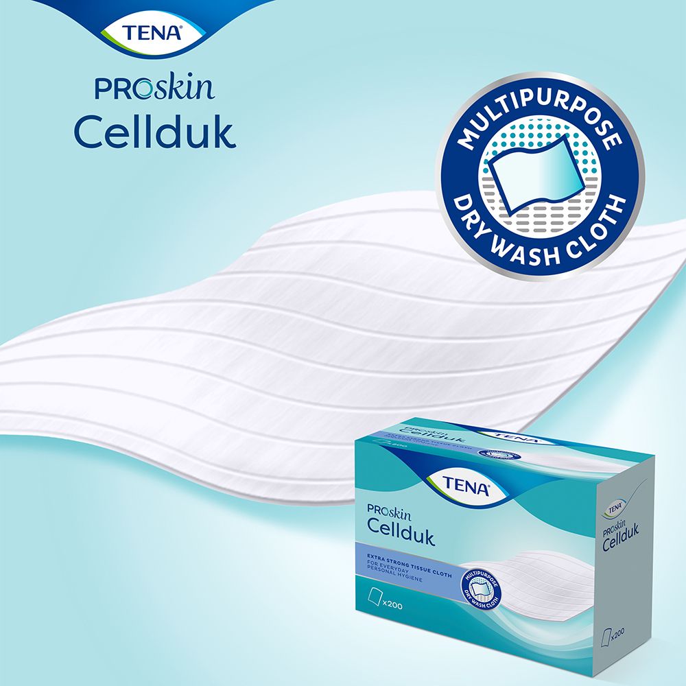 Confezione TENA Proskin Cellduk e salvietta. Salvietta multiuso. Salviette extra resistenti per l'igiene quotidiana. Confezione blu.