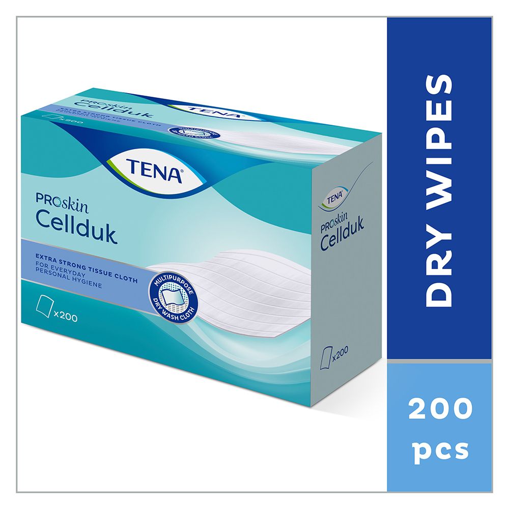 Scatola TENA Proskin Cellduk. 200 salviette asciutte. Salviette extra resistenti per l'igiene quotidiana. Confezione blu.
