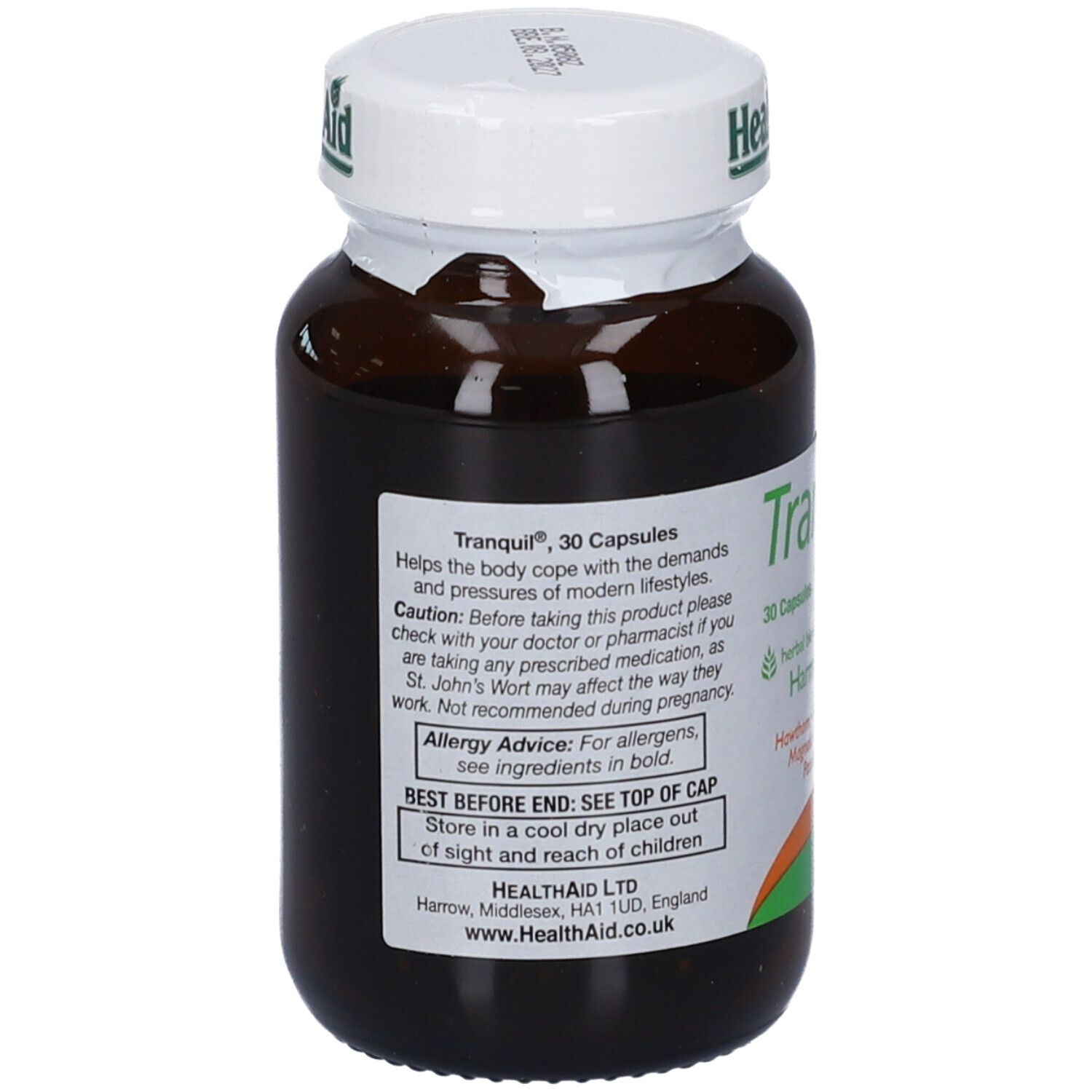 Retro di un flacone di capsule Tranquil HealthAid con indicazioni e ingredienti.