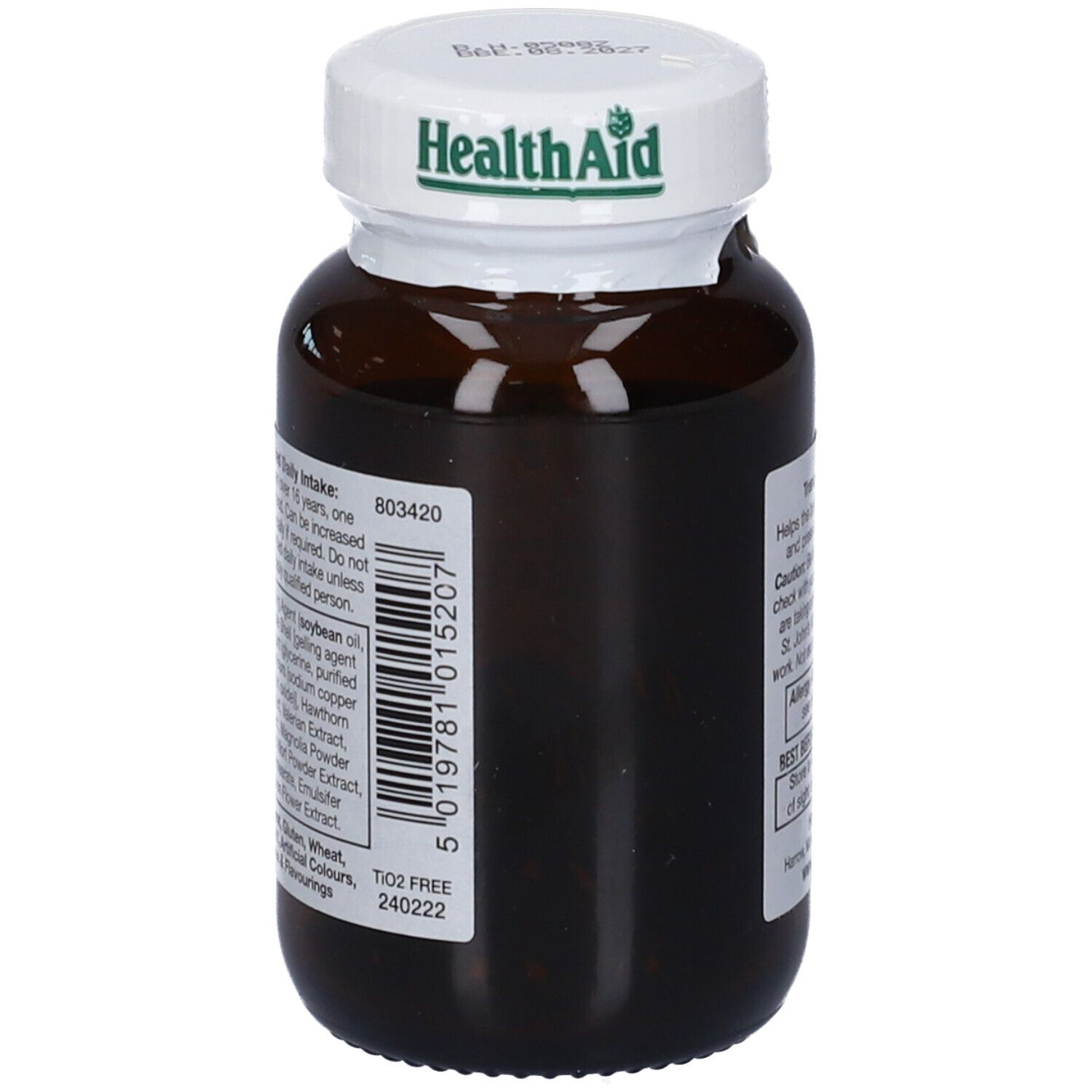 Lato di un flacone di capsule Tranquil HealthAid con informazioni sul prodotto e codice a barre.