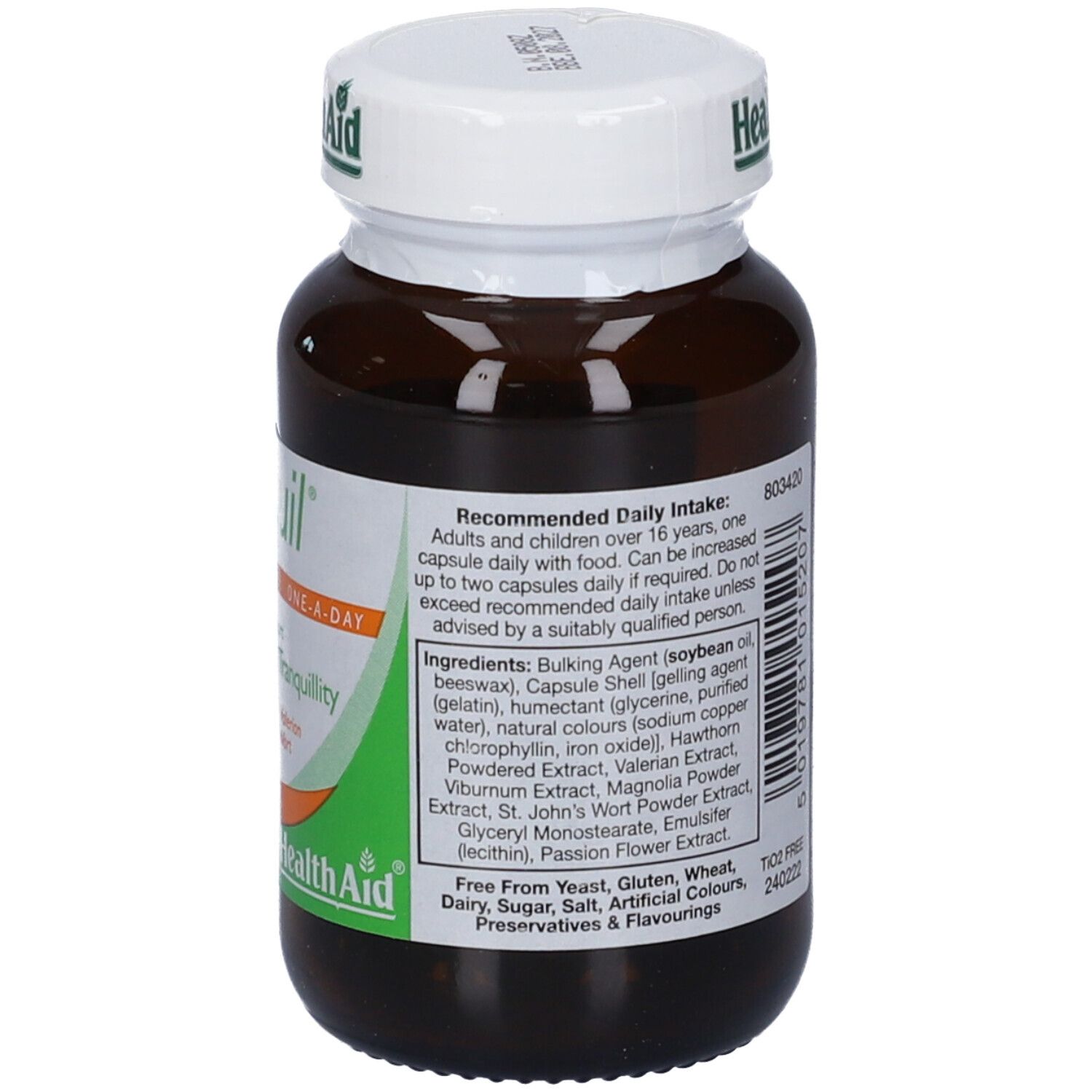 Lato di un flacone di capsule Tranquil HealthAid con dettagli sul dosaggio e ingredienti.