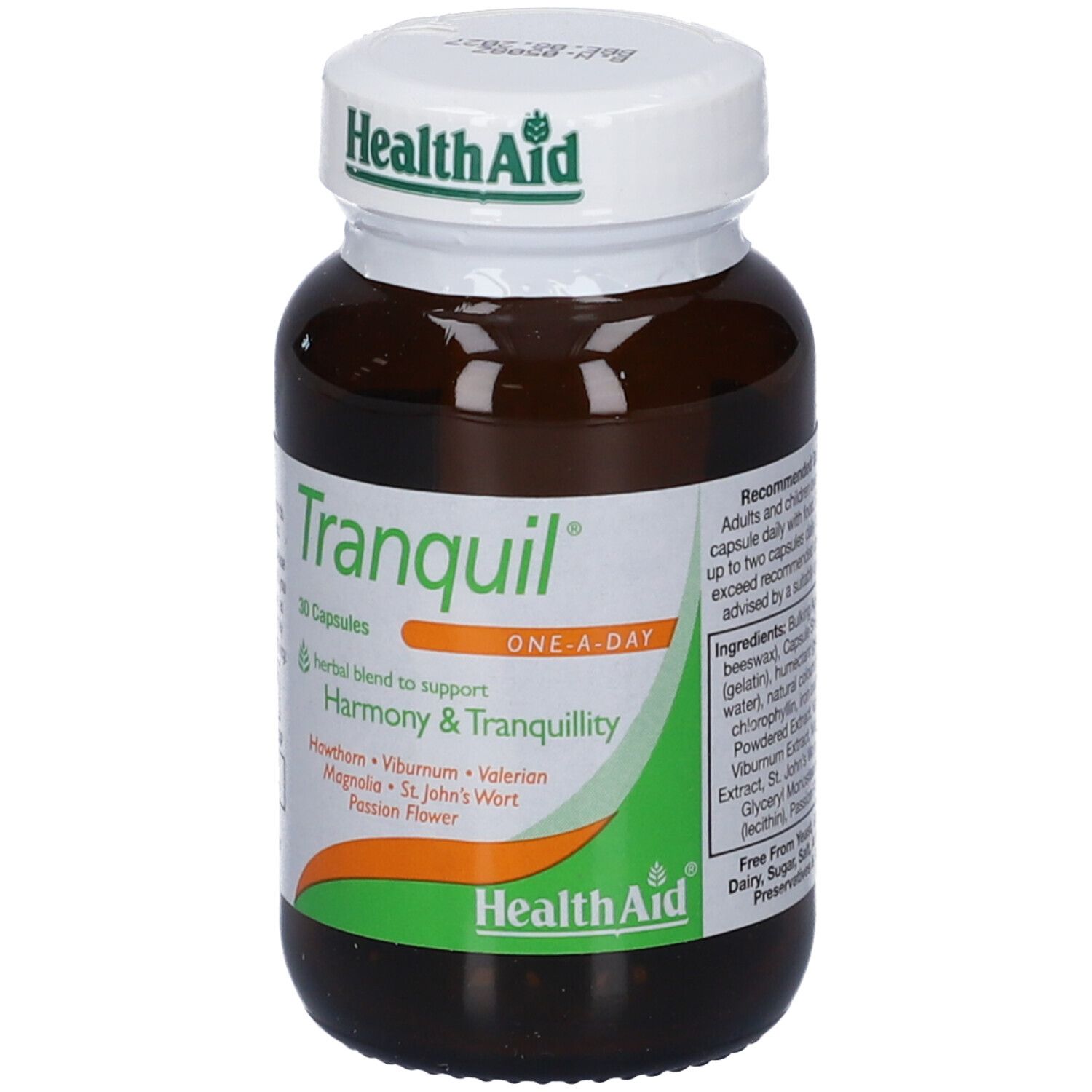 Flacone di capsule Tranquil HealthAid con etichetta che evidenzia 30 capsule, erbe e benefici.