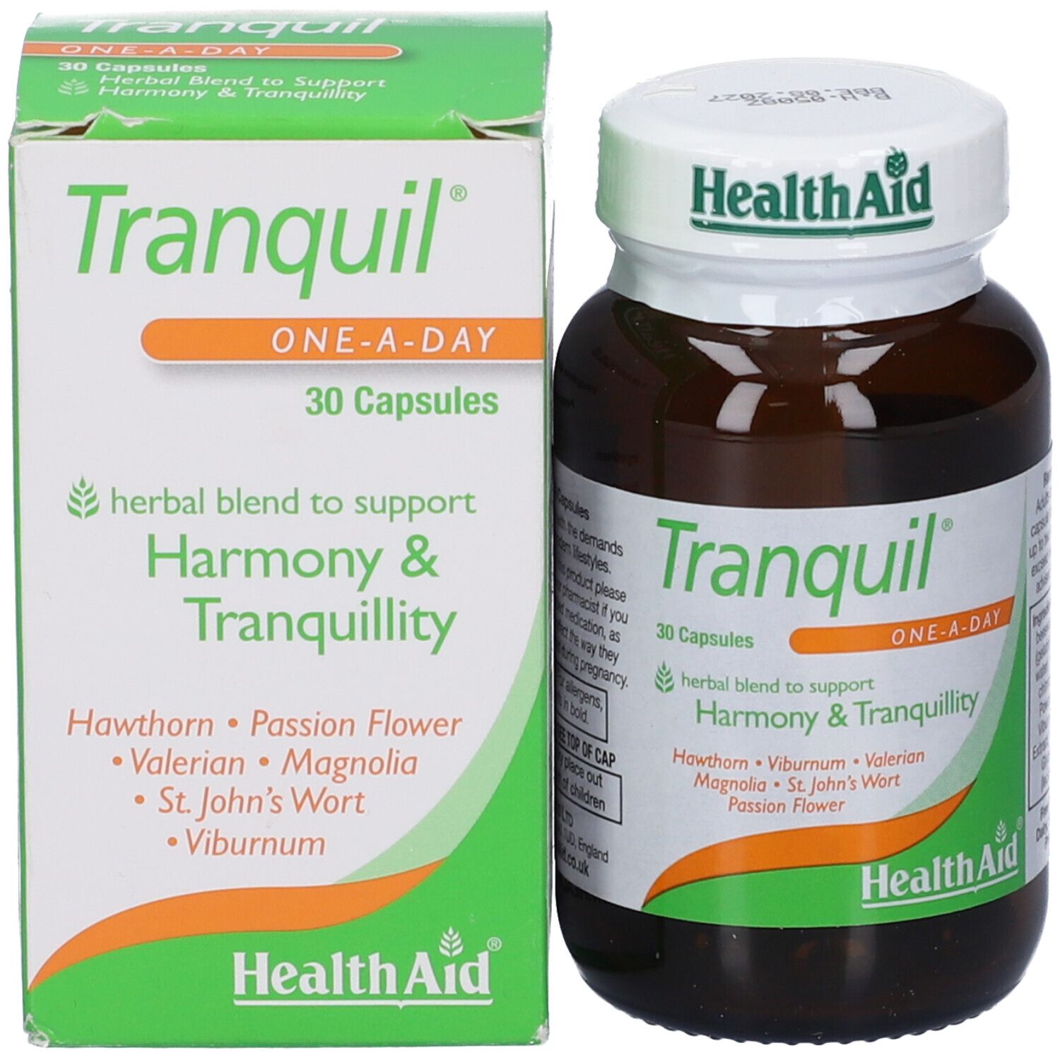 Flacone e scatola di capsule Tranquil HealthAid, entrambi con 30 capsule e informazioni sulle erbe.