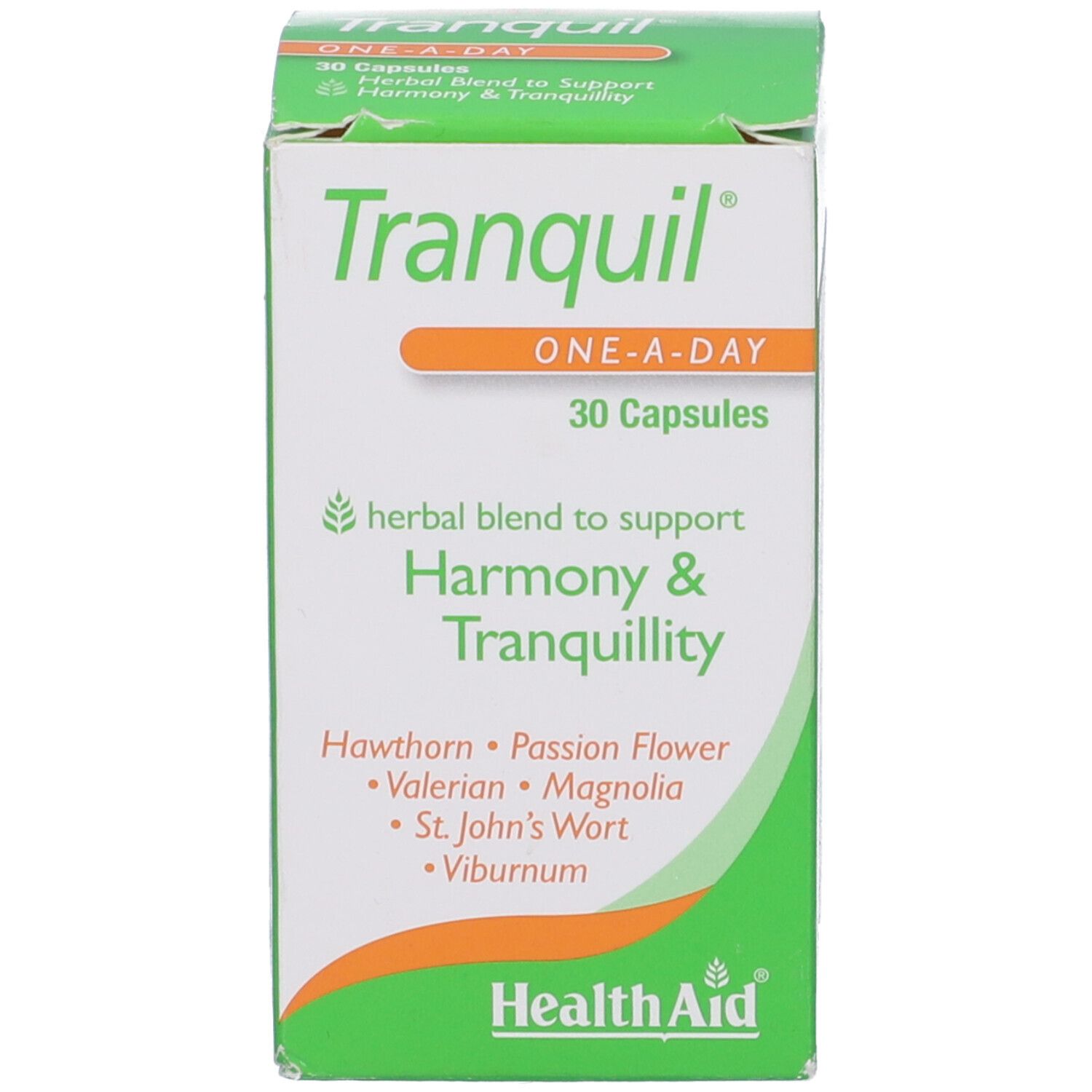 Scatola di capsule Tranquil HealthAid, 30 capsule, con miscela di erbe per armonia e tranquillità.