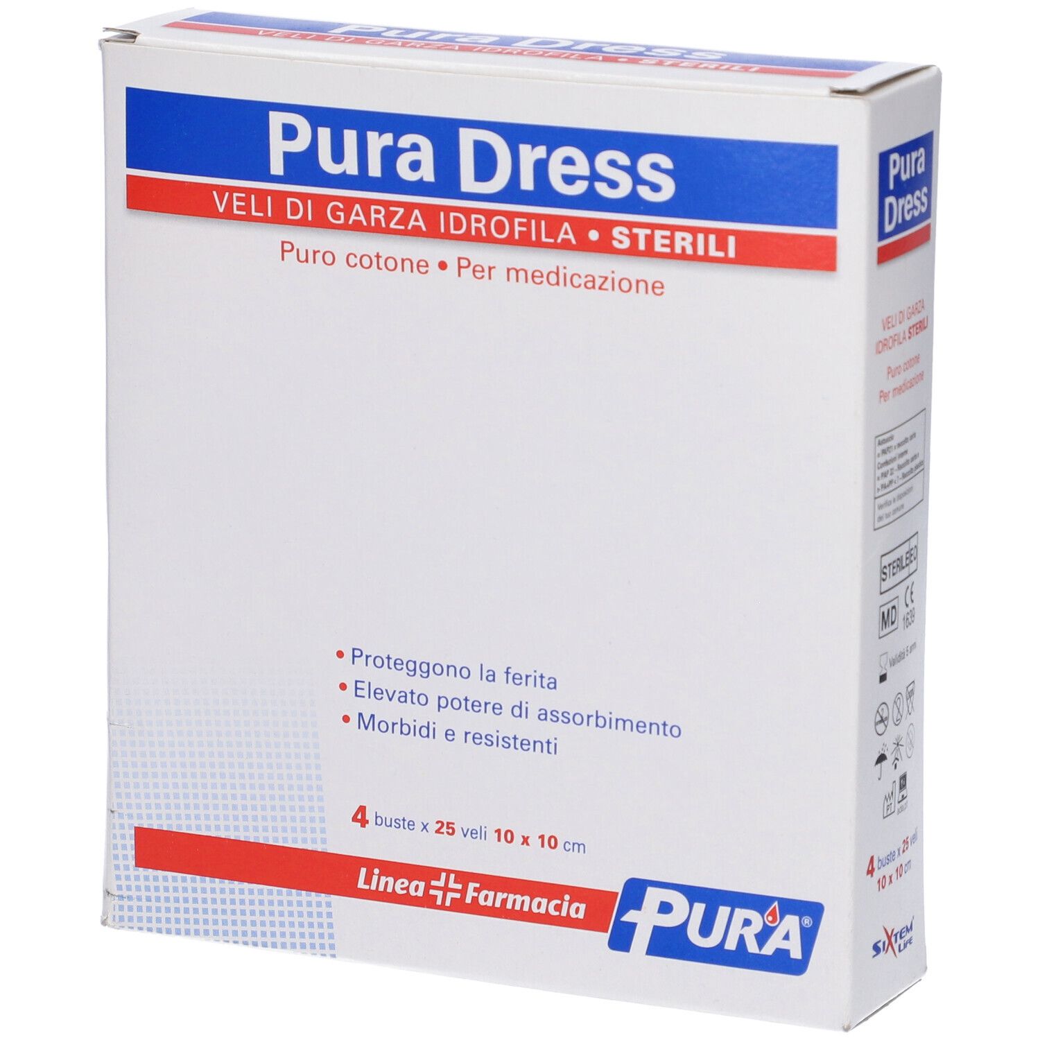 Confezione Pura Dress. 4 buste da 25 garze sterili 10x10 cm. Puro cotone.