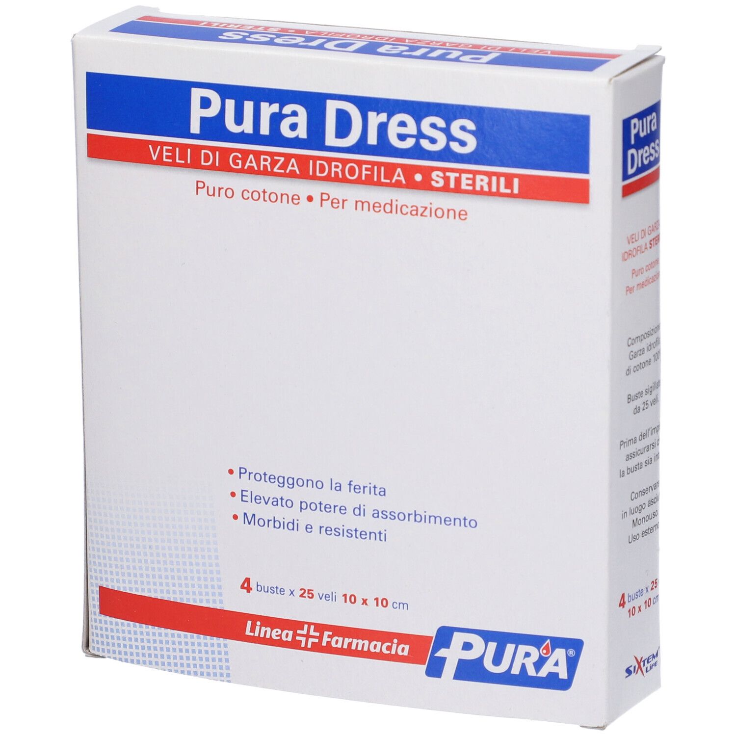 Confezione Pura Dress. 4 buste da 25 garze sterili 10x10 cm. Puro cotone.