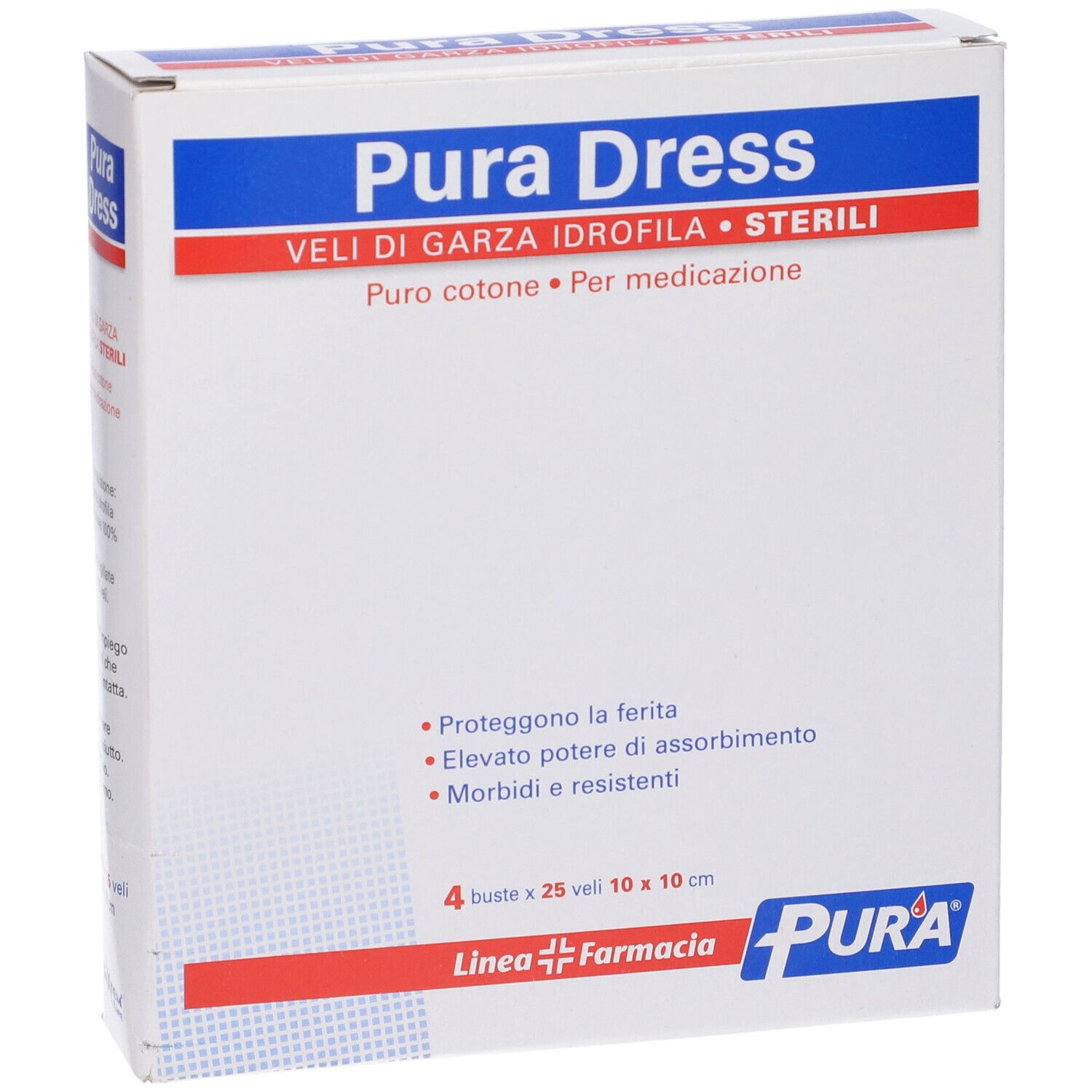 Confezione Pura Dress. 4 buste da 25 garze sterili 10x10 cm. Puro cotone.