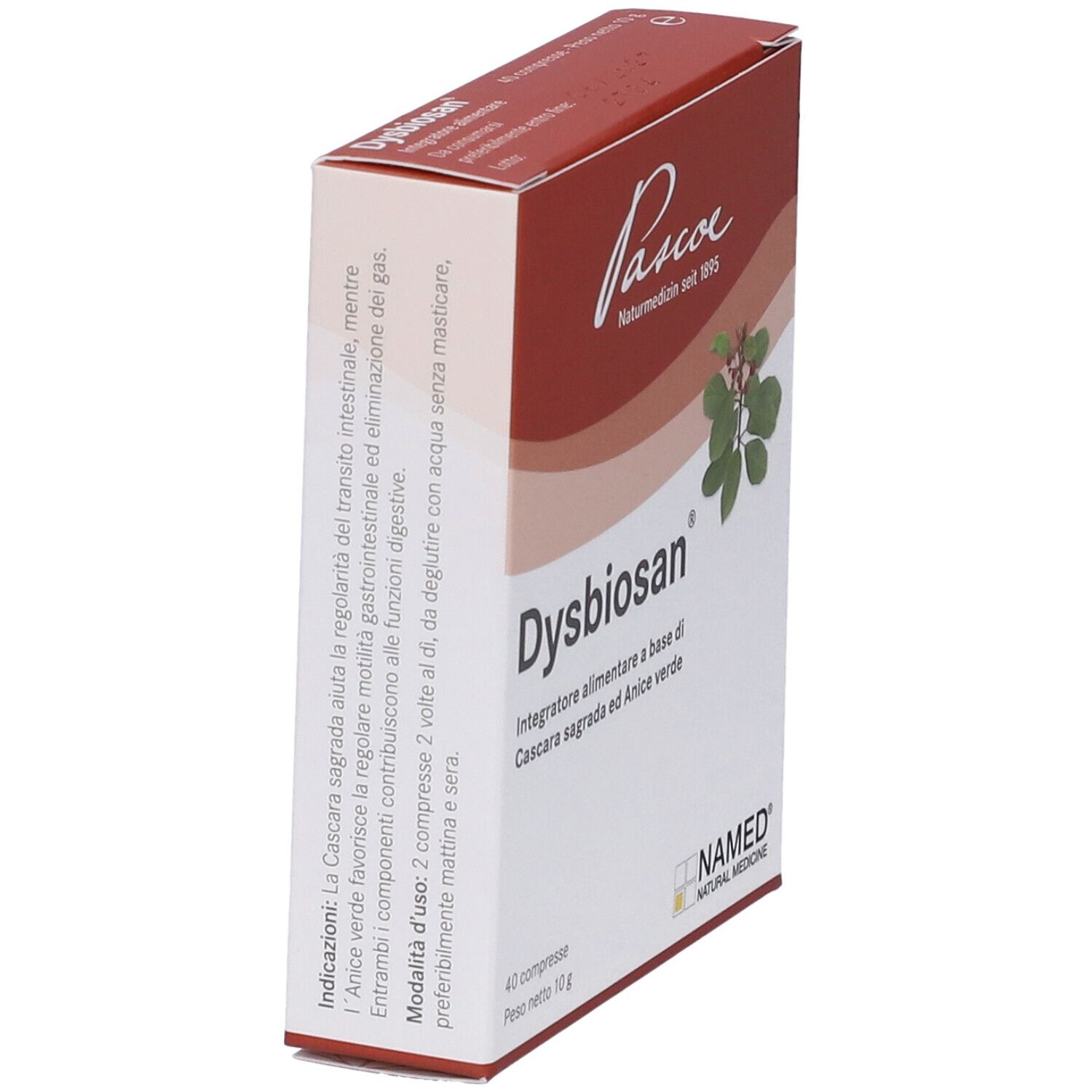 Confezione di Dysbiosan® angolata. Scritta: Pascoe, Naturmedizin seit 1895. NAMED Natural Medicine. 40 compresse.