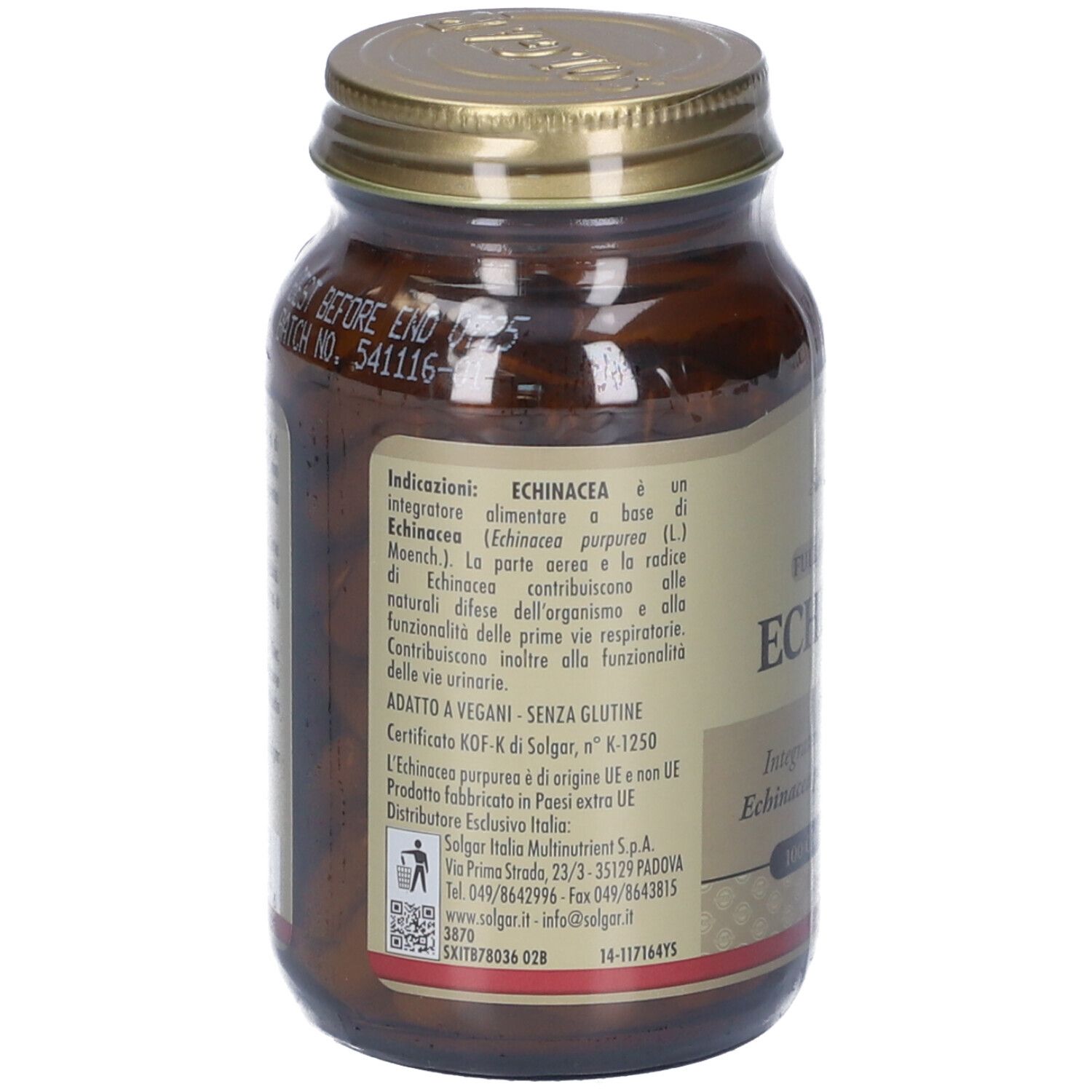 Retro del flacone di vetro marrone. Etichetta con informazioni sul prodotto e ingredienti.