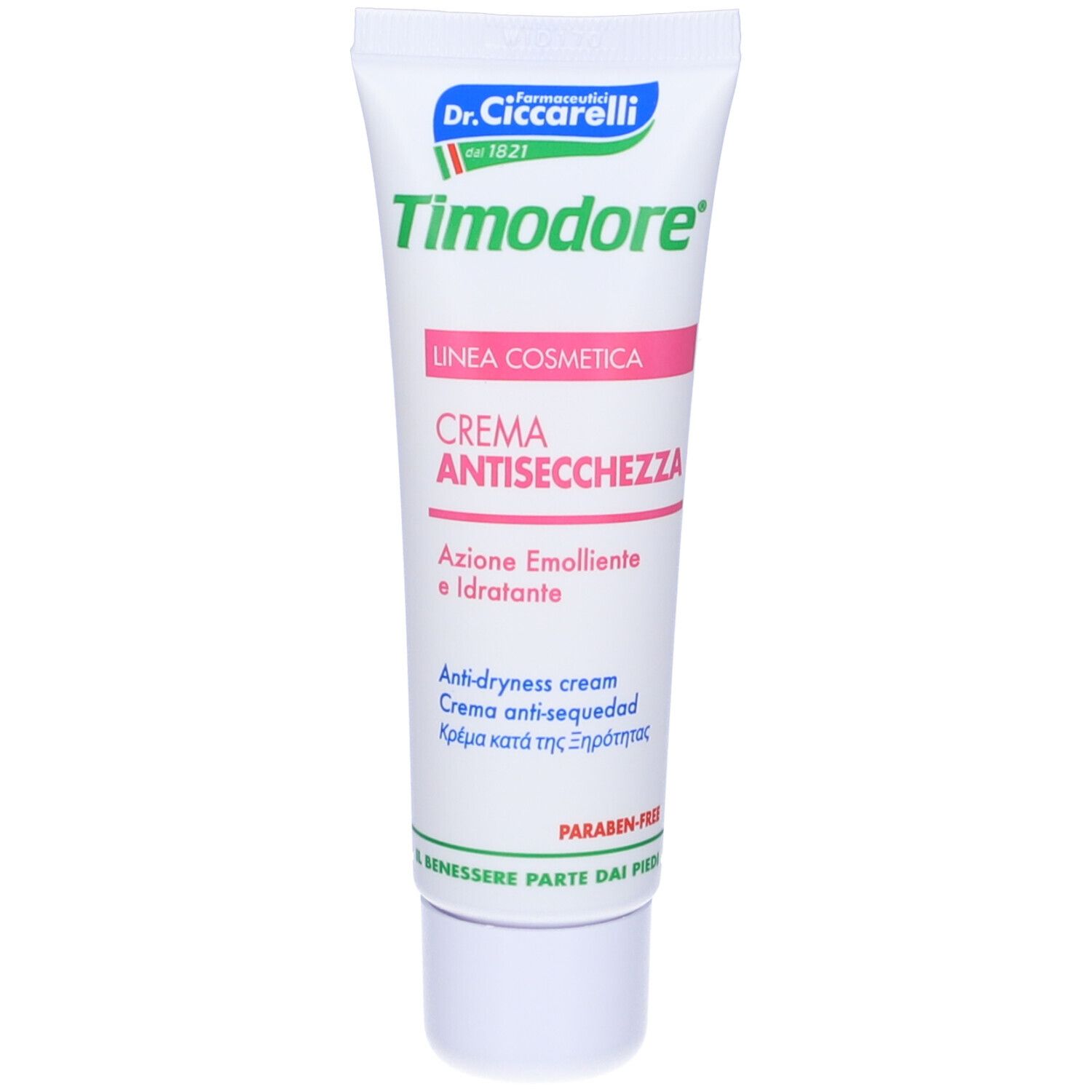 Tubo bianco con scritta Timodore, Crema Antisecchezza. Striscia rosa. Crema anti-secchezza. Senza parabeni.